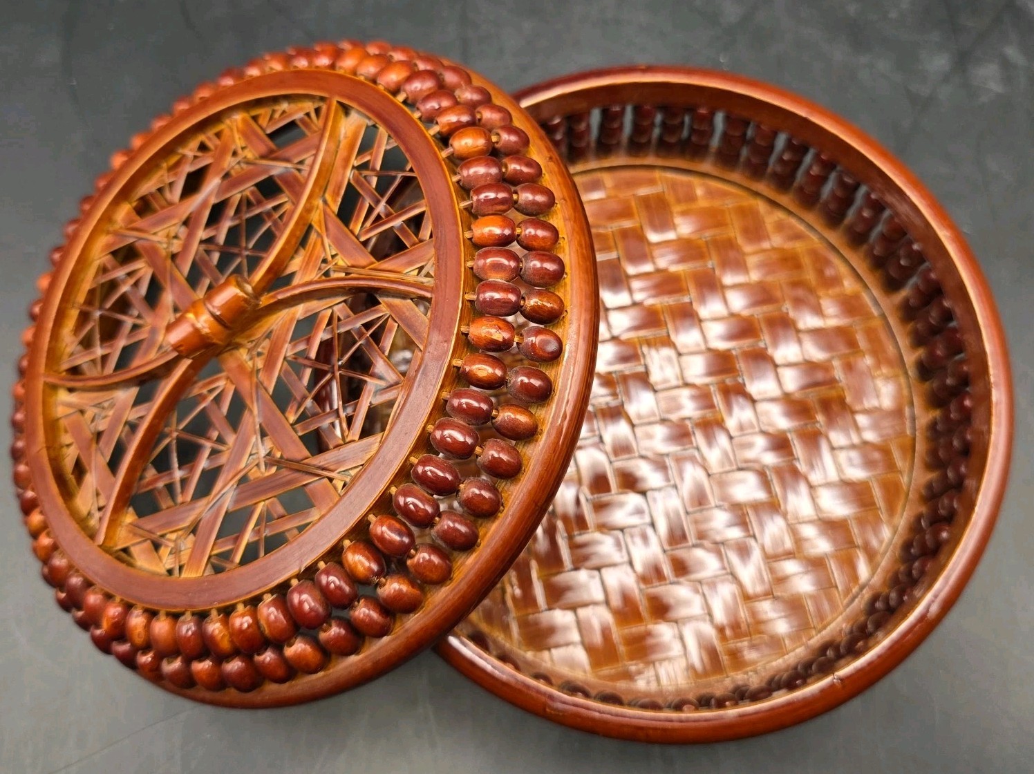 Vintage Bamboo Handmade Open Weave Lacquered Braided Trinket Nox with Lid