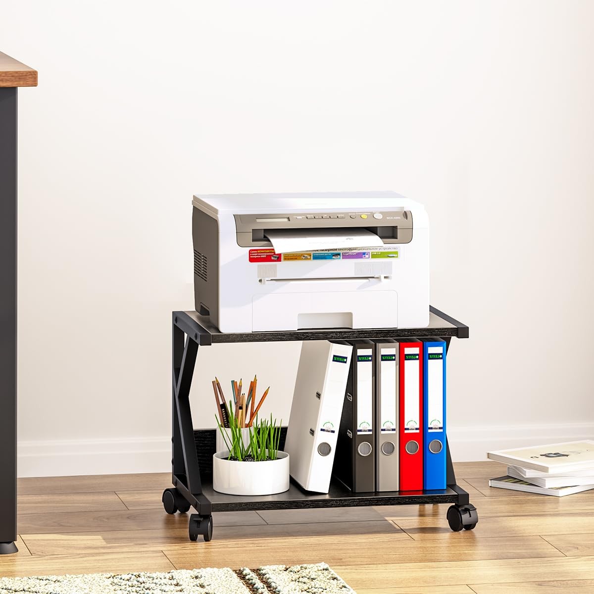aboxoo Desktop Printer Stand with 2 Tier Wood Storage 2-Tier, Black