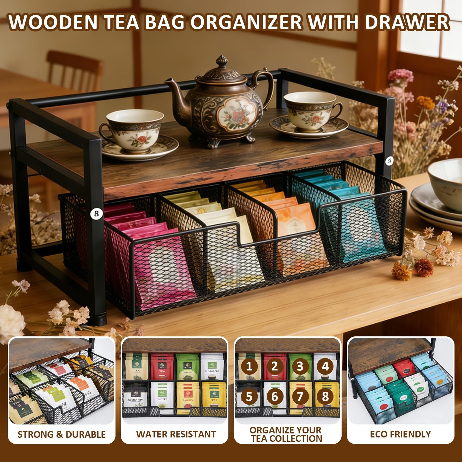 Tea Bag Organizer, Organizers and Storage with Drawer, Medium, Brown