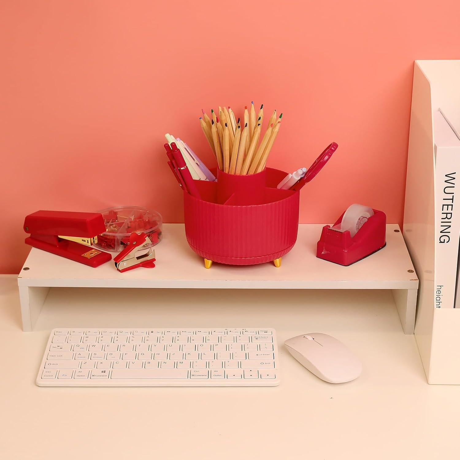 Red Office Supplies Set, Pencil Holder for Desk, Stapler, Tape Dispenser, Scisso