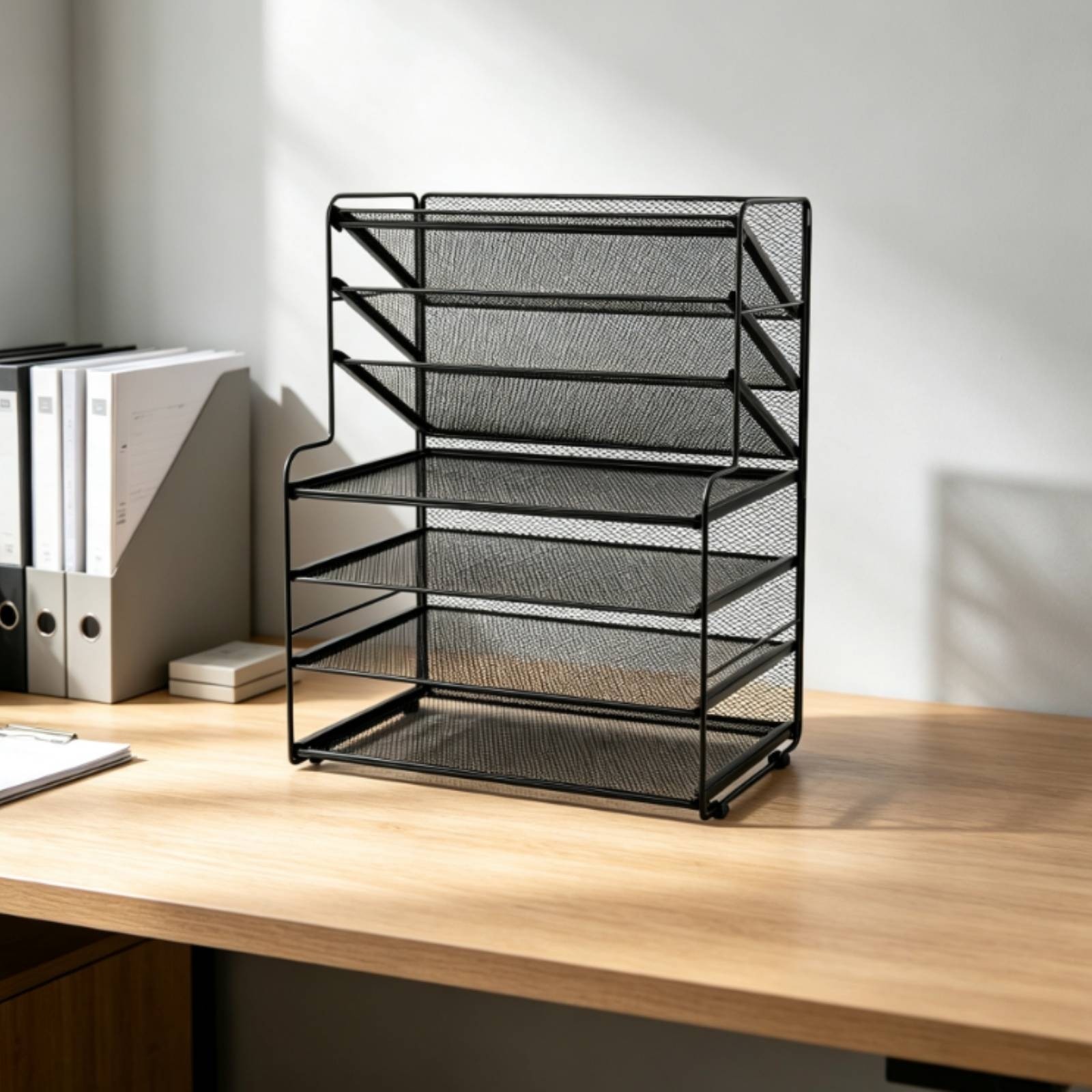 Document Rack with Side Baskets Slanted Mesh Desk Organizer Stepped for