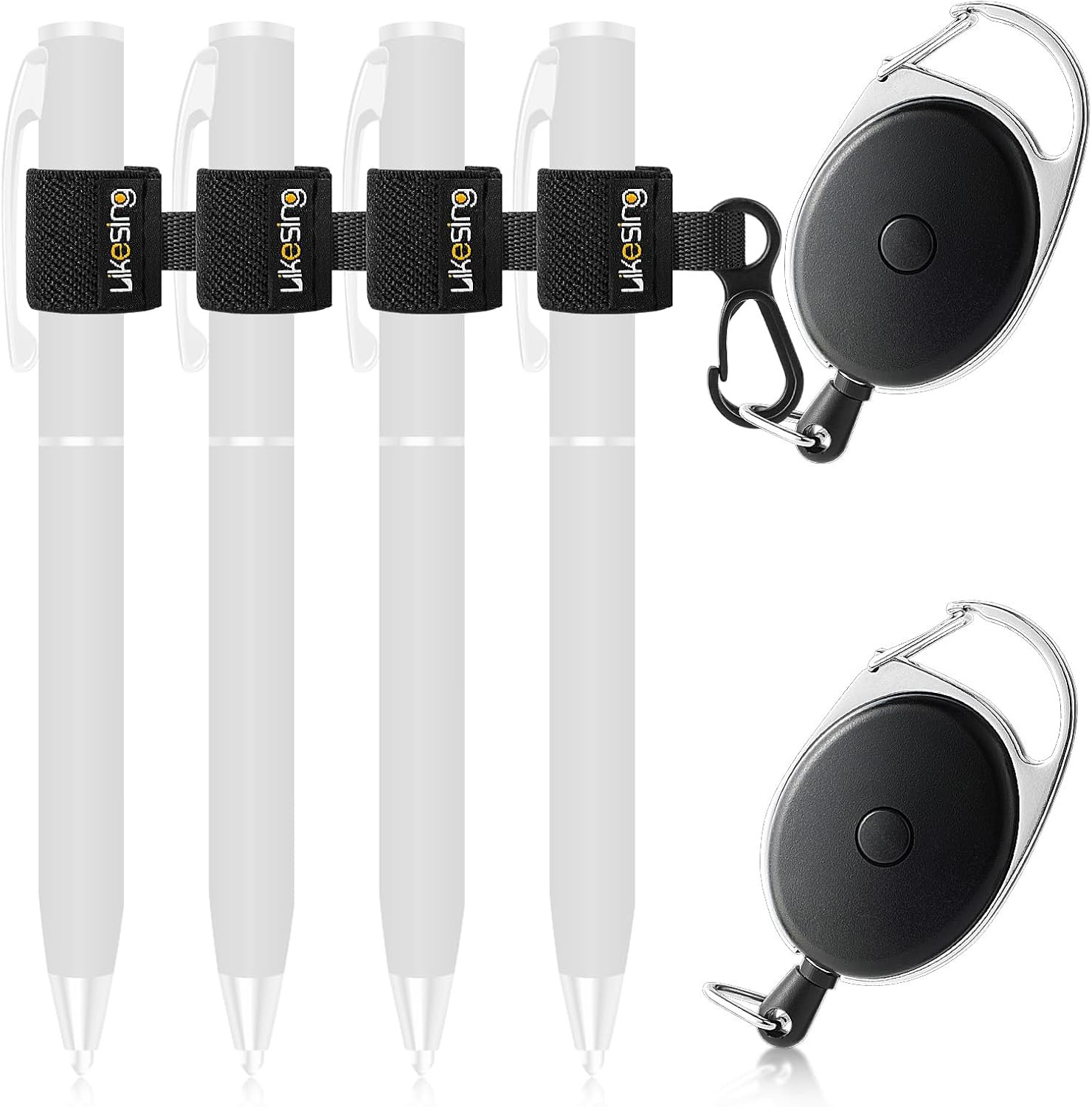Likesing 4 Black Retractable Pen Holder, 27.5″ Reel Elastic Pen Leash Retractabl