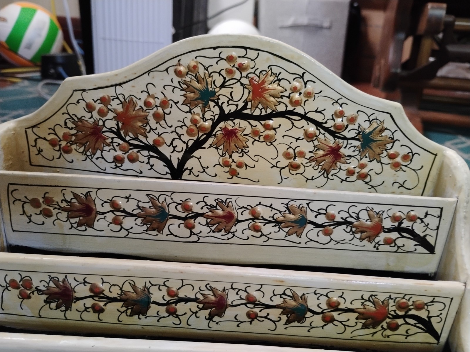 Vintage Wooden Letter and Document Organizer – Hand-Painted Floral Design