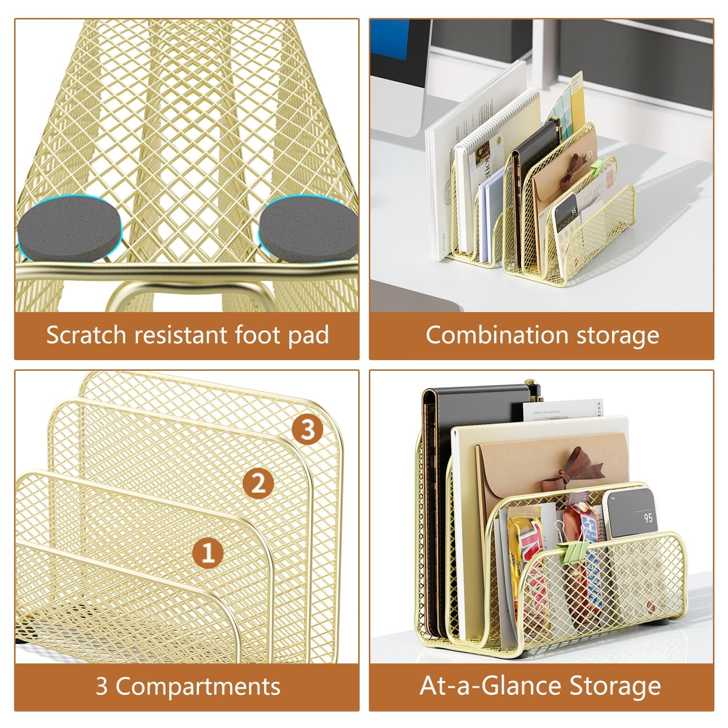 Gold Metal Countertop Mail Organizer 3 Slot File Letter Holder Desk Rack
