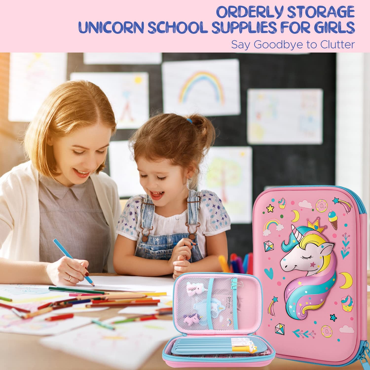 Pencil Case for Girls,Cute Unicorn Stationary Set for Kids,3D EVA School Larg…