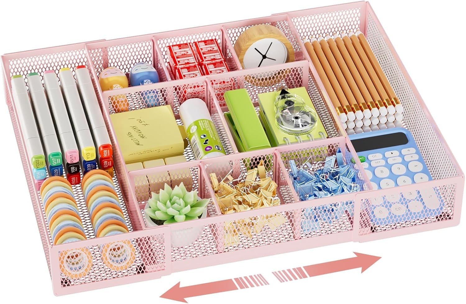 Expandable Desk Drawer Organizer Mesh Drawer Organizer Tray W/ 10 Adjustable
