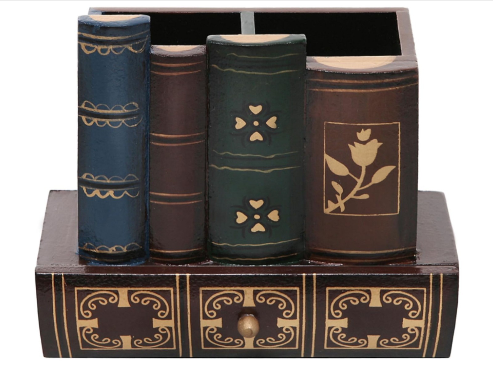 Antique Book Design Desk Organizer Wood Pencil Pen Holder w Drawer Brown