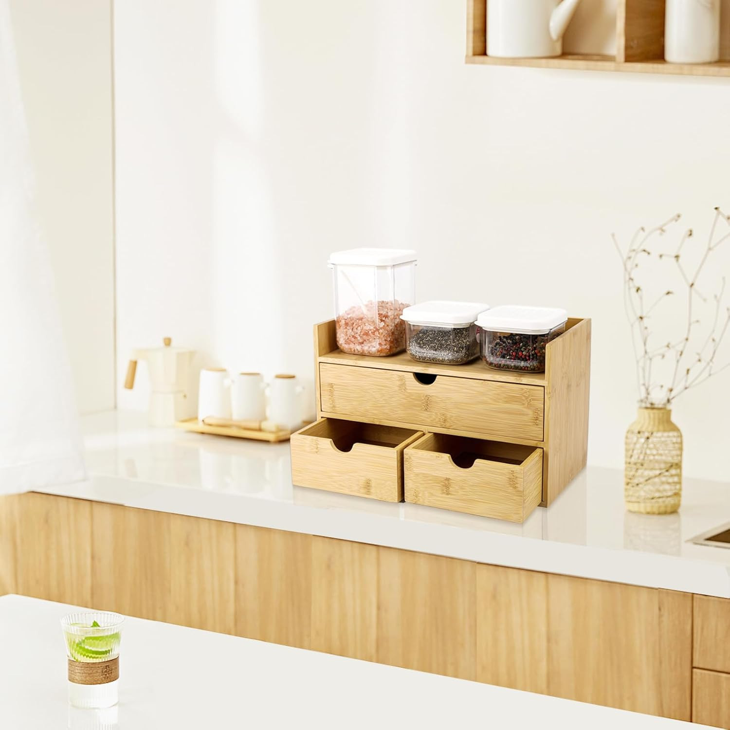 Bamboo Desk Organizer with Drawers Countertop Drawers Counter Storage Box Corner