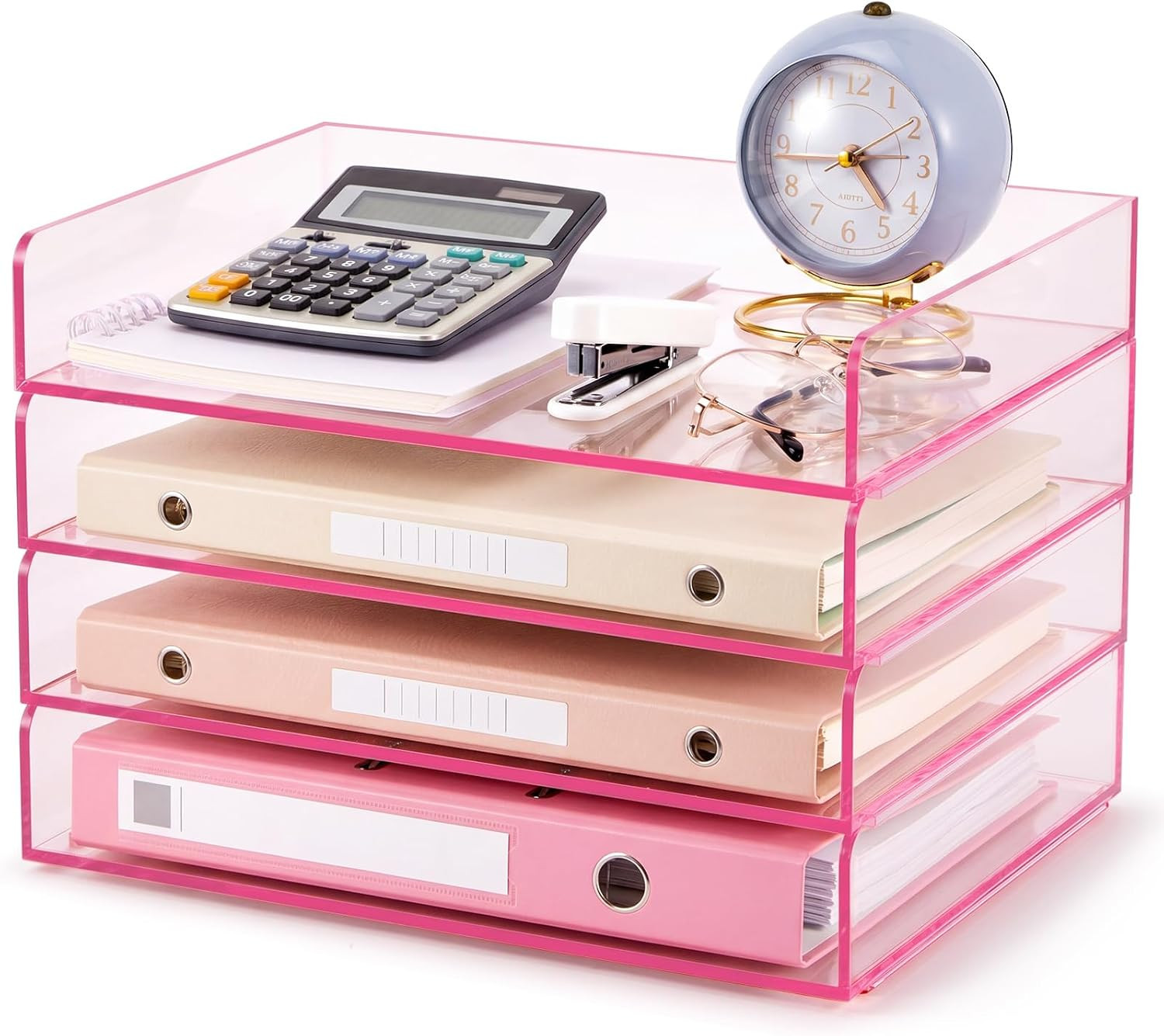 4 Tier Clear Hot Pink Acrylic Paper Organizer Letter Tray, Aesthetic Stackable L