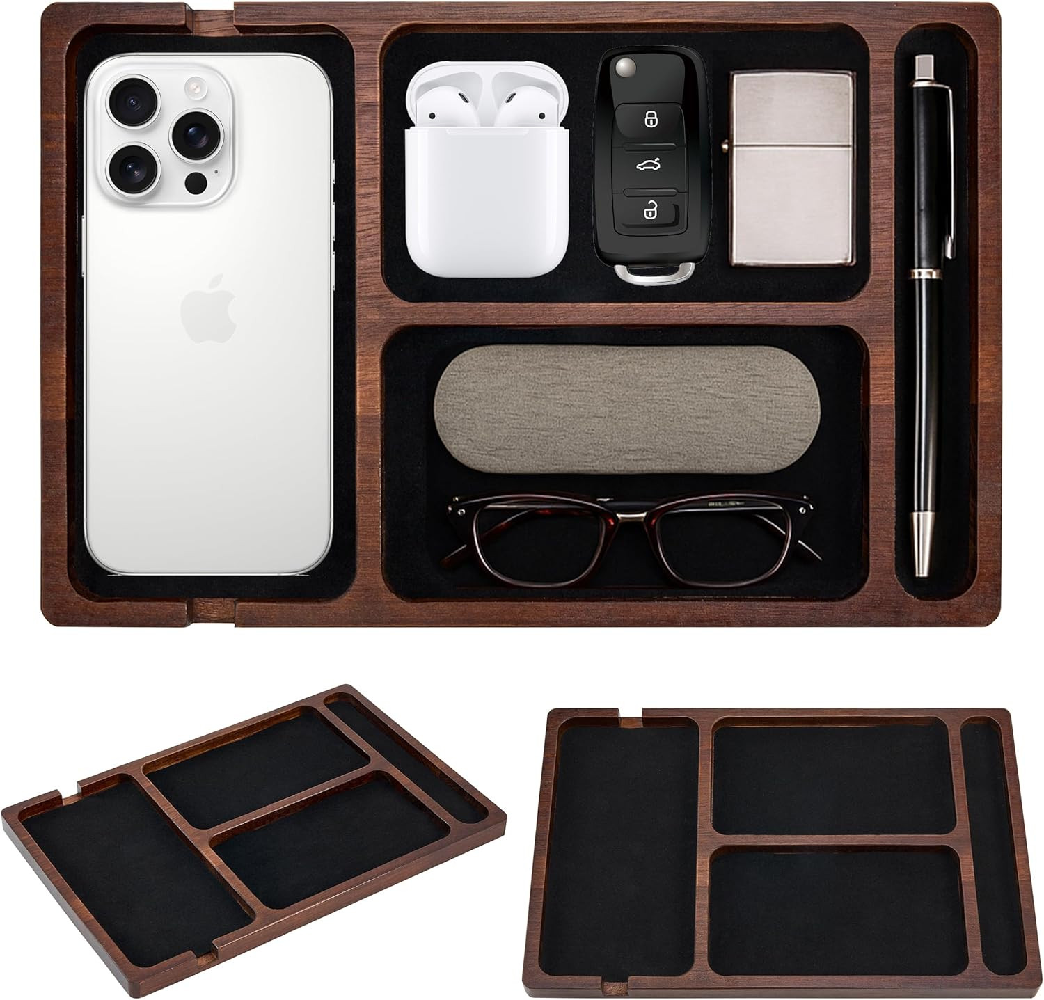 Valet Tray, Multi-Space Acacia Wood Leather Surface Desk Organizer Tray with Cha