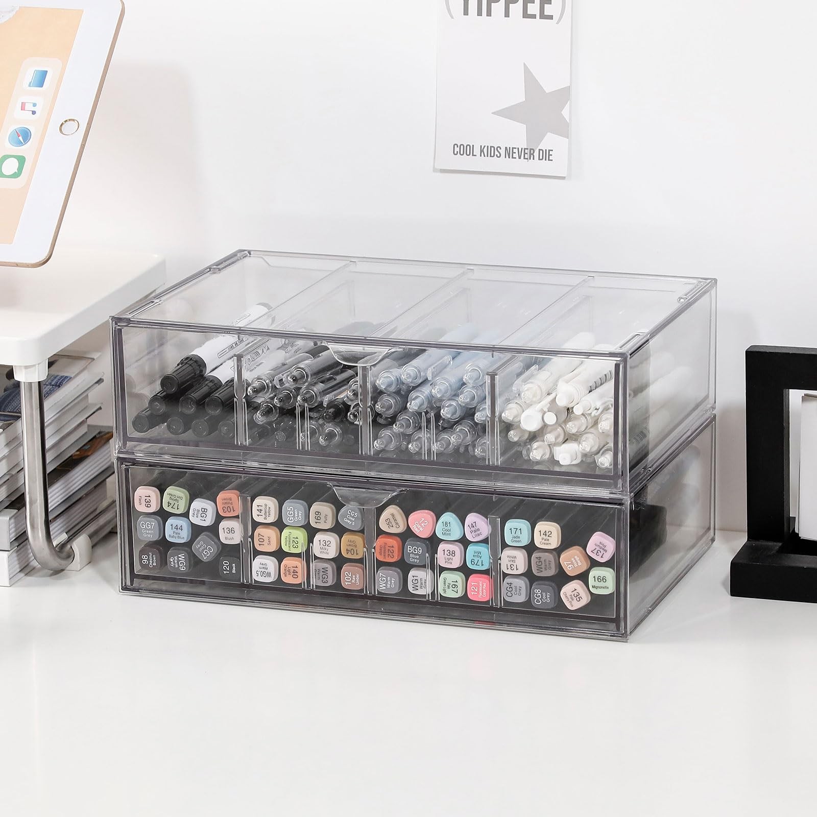 GOXITAX Clear Pen Organizer with Drawer, 2 Pack