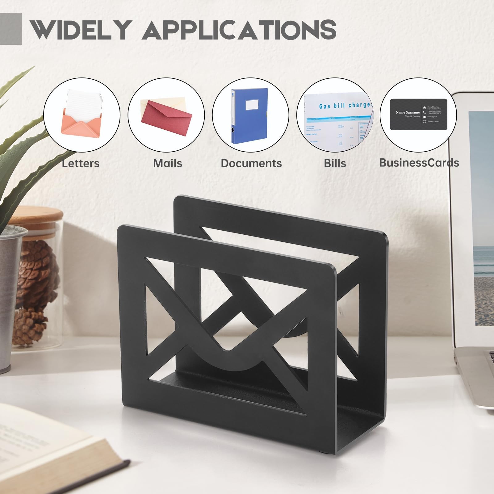 Desktop Metal Mail Holder Modern Black Letter Organizer Desk Cutout Design