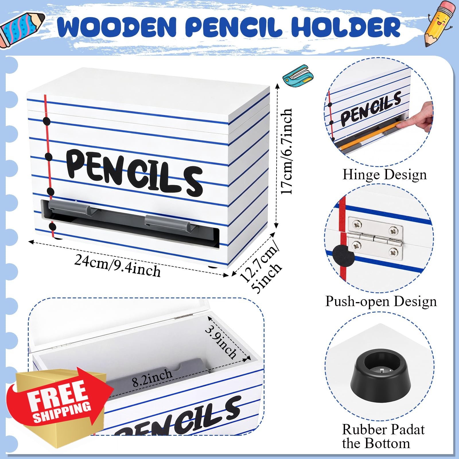 Yalikop 1 Pc Wooden Pencil Dispenser Stripe Blue White