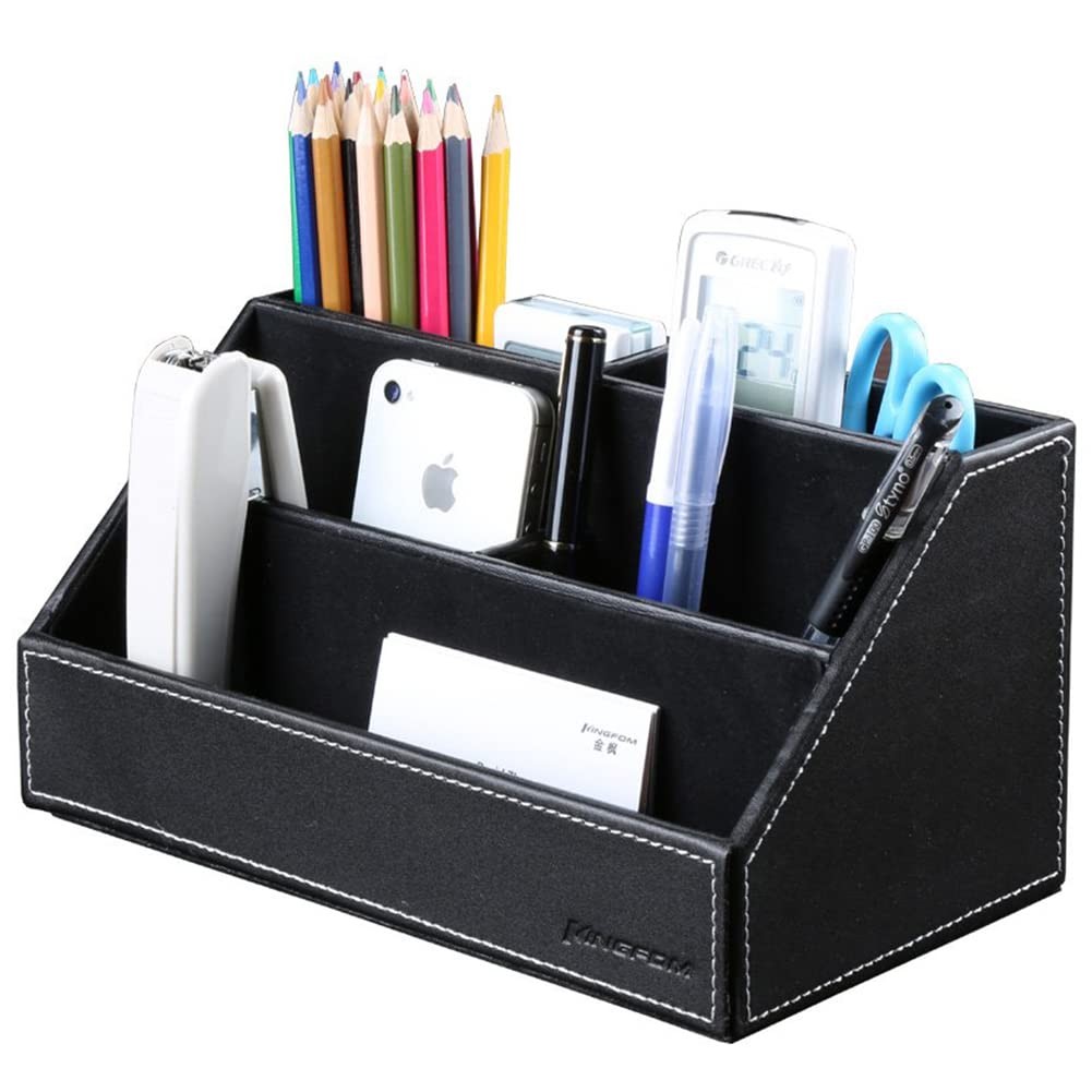 KINGFOM Pu Leather Desk Organizer with 5 9.4 x 5.3 x 4.7 inches, Black