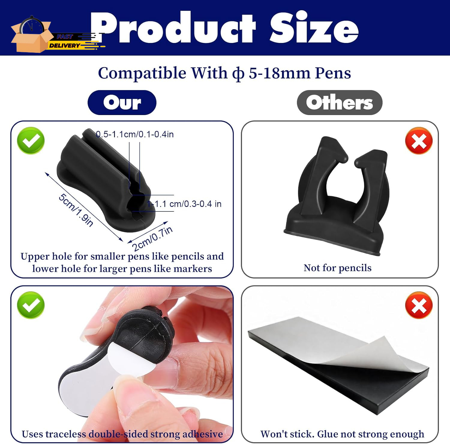 6 Pcs Pen Holder for Wall, Adhesive Sticky Silicone Pencil Holder For
