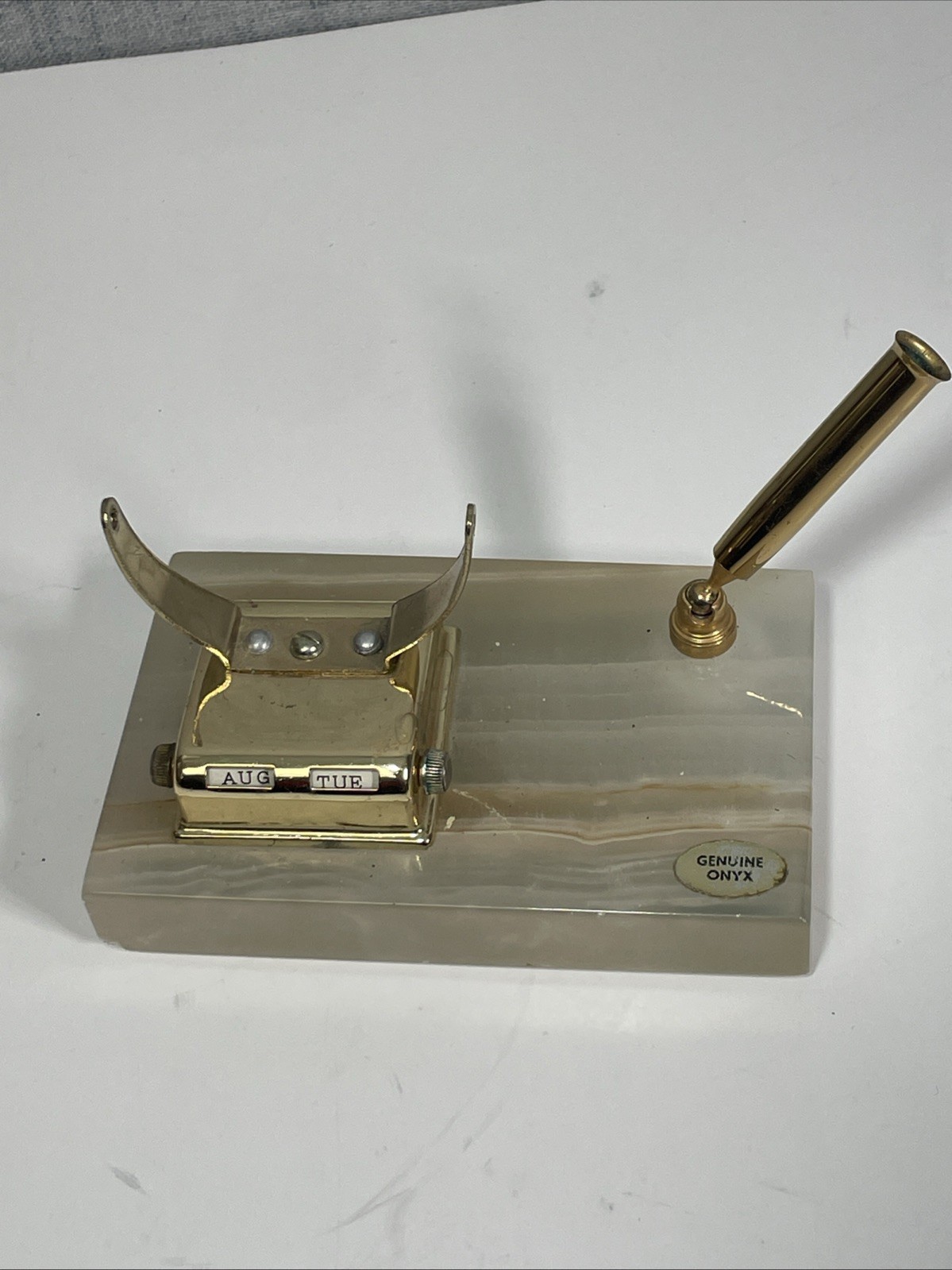 Vintage Genuine Onyx 5” Office Desk Brass Pen Calendar Holder Mid-Century Modern