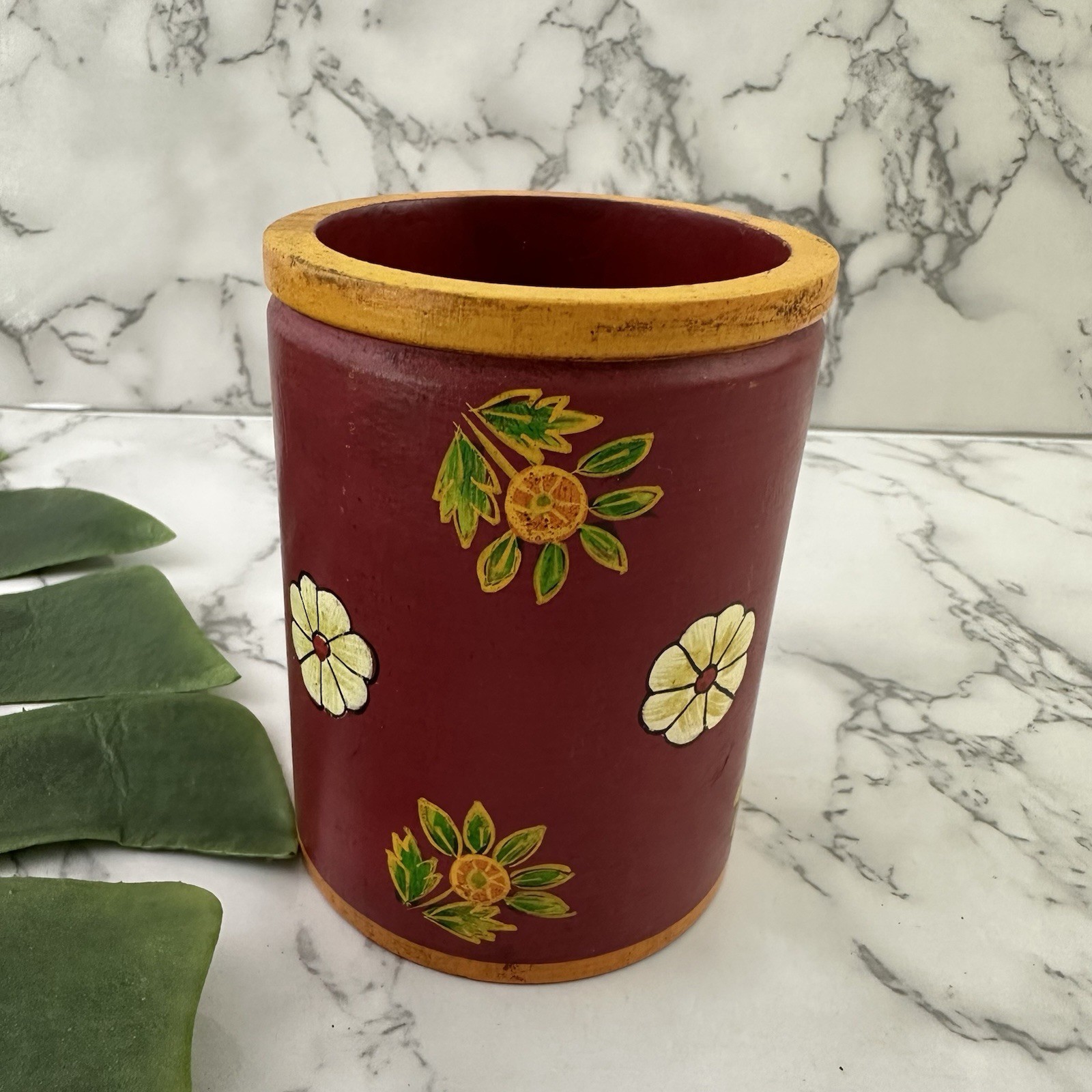 Vintage Y2k Wood Pen Cup Desk Organizer Red Yellow Painted Floral Boho Pencil