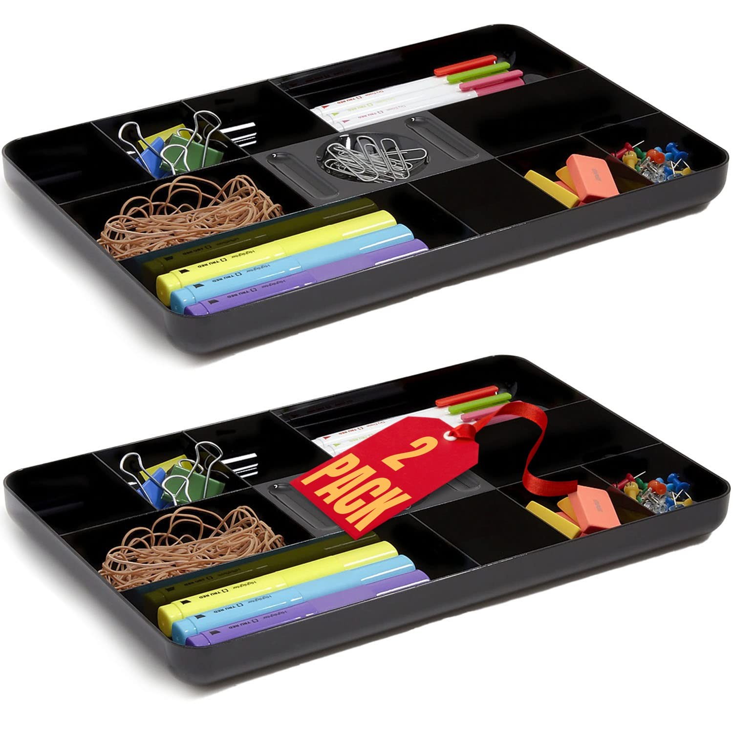 Desk Drawer Organizer Tray, Desk Drawer Tray, 13-Compartment, Black, 2 Pack