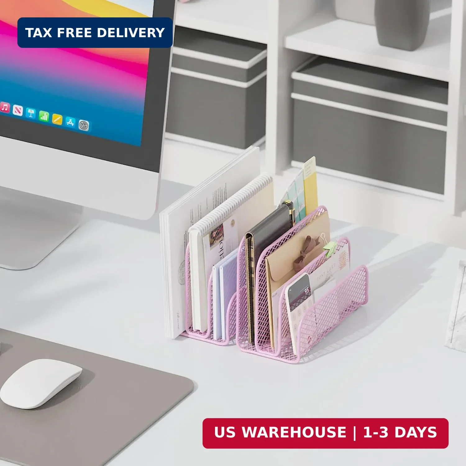 gianotter Mail Organizer Countertop, Metal File Holder with 3-Slot, Pink Desk Ac