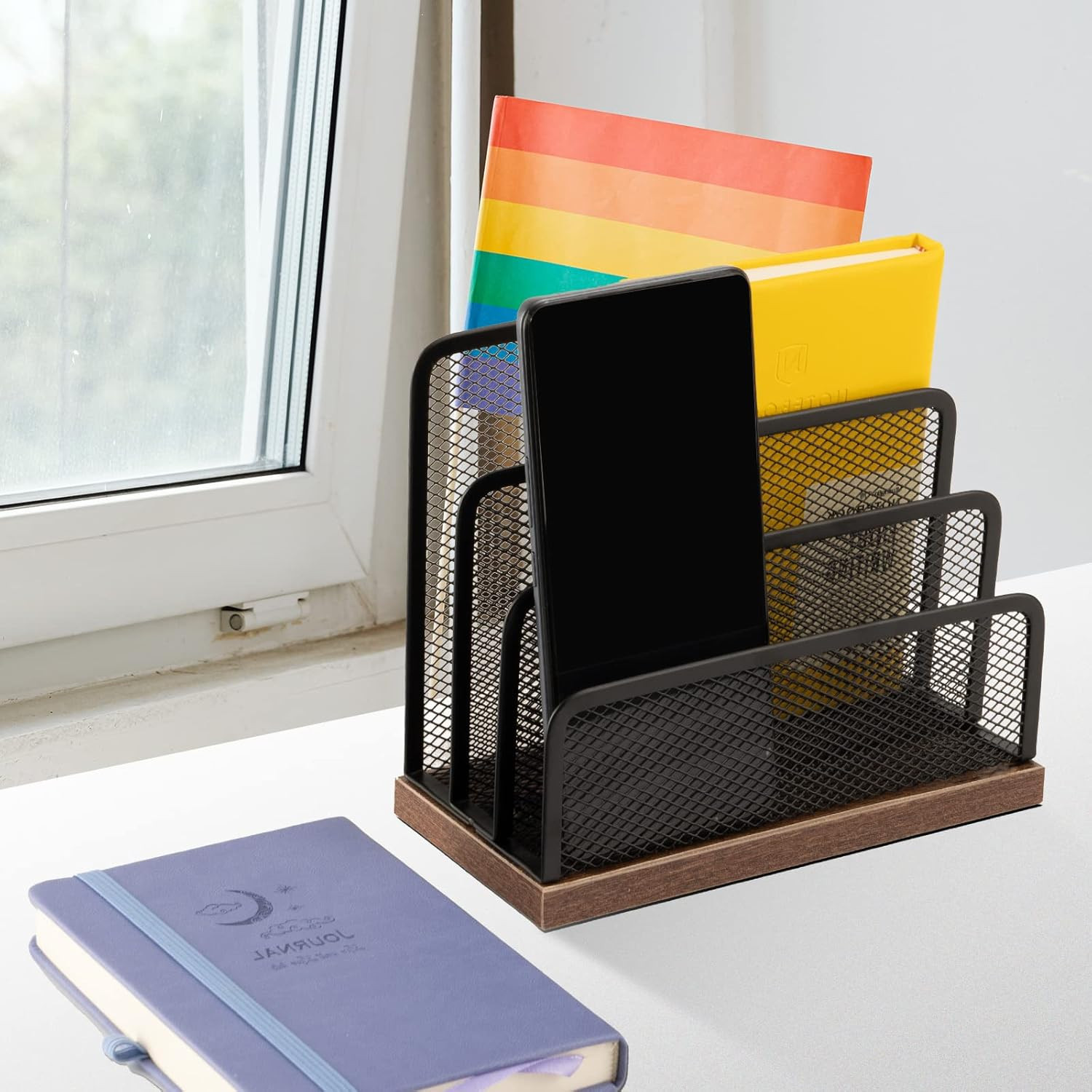 Wooden Desk Mail Organizer, Desktop File Organizer Metal Mesh with 3 Vertical Up