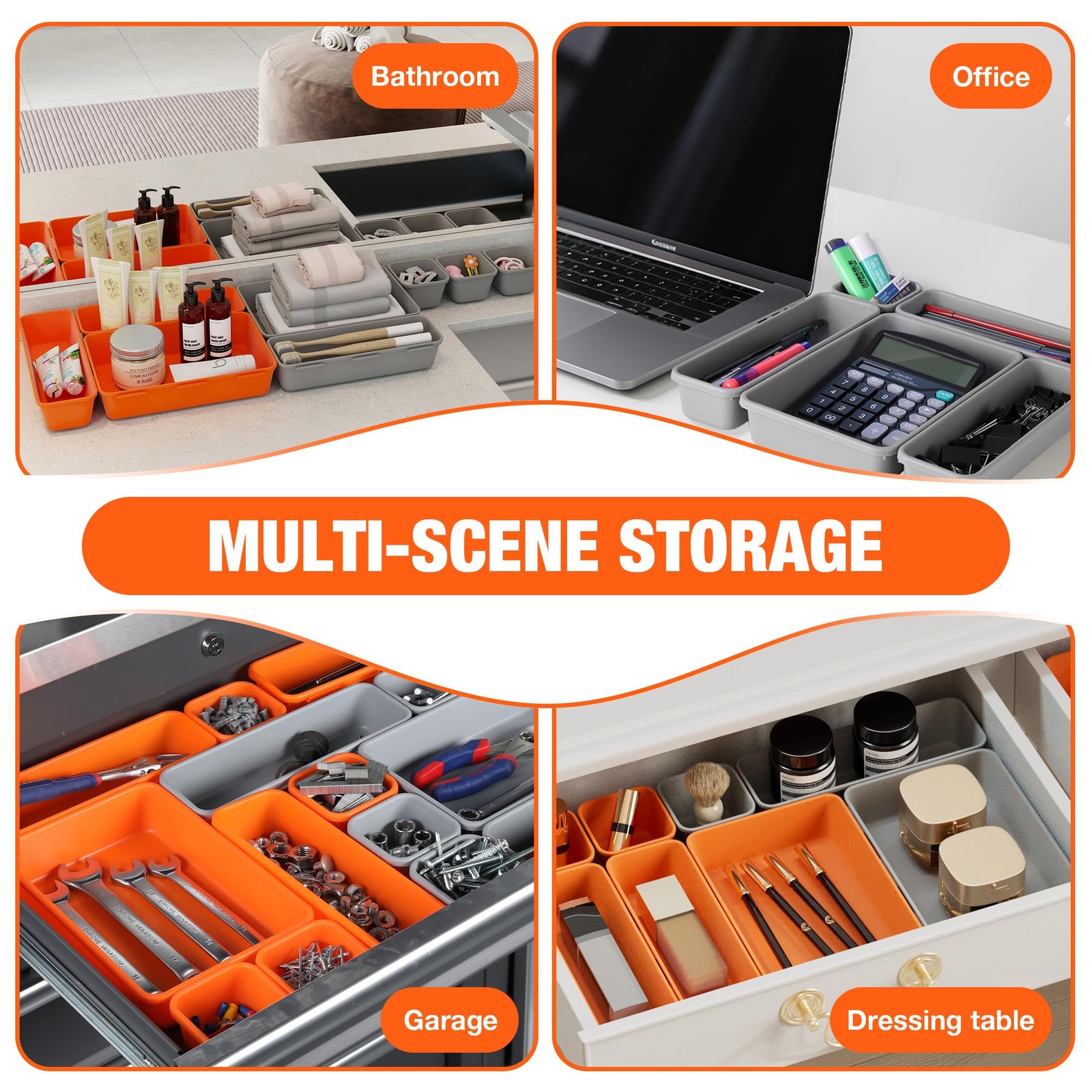 21 PCS Interlocking Desk Drawer Organizer Bin NonSlip Stackable Orange Gray