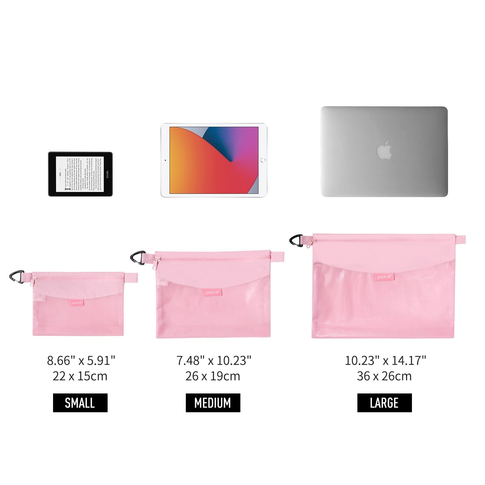 Water-Resistant Mesh Zipper Pouch Set 3 PCS Bags for Storage Travel Pink