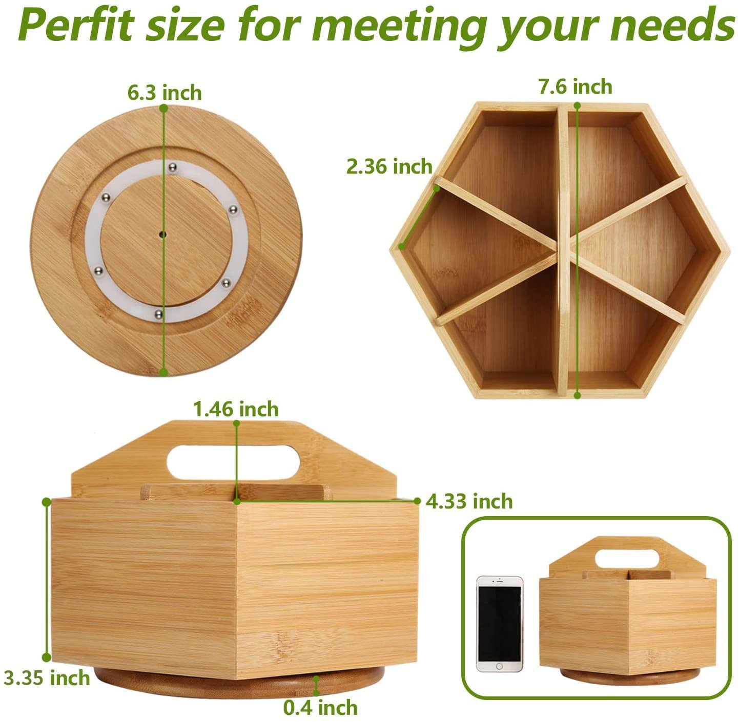 Bamboo Rotating Desk Organizer 6 Compartment Pen Pencil Holder Caddy