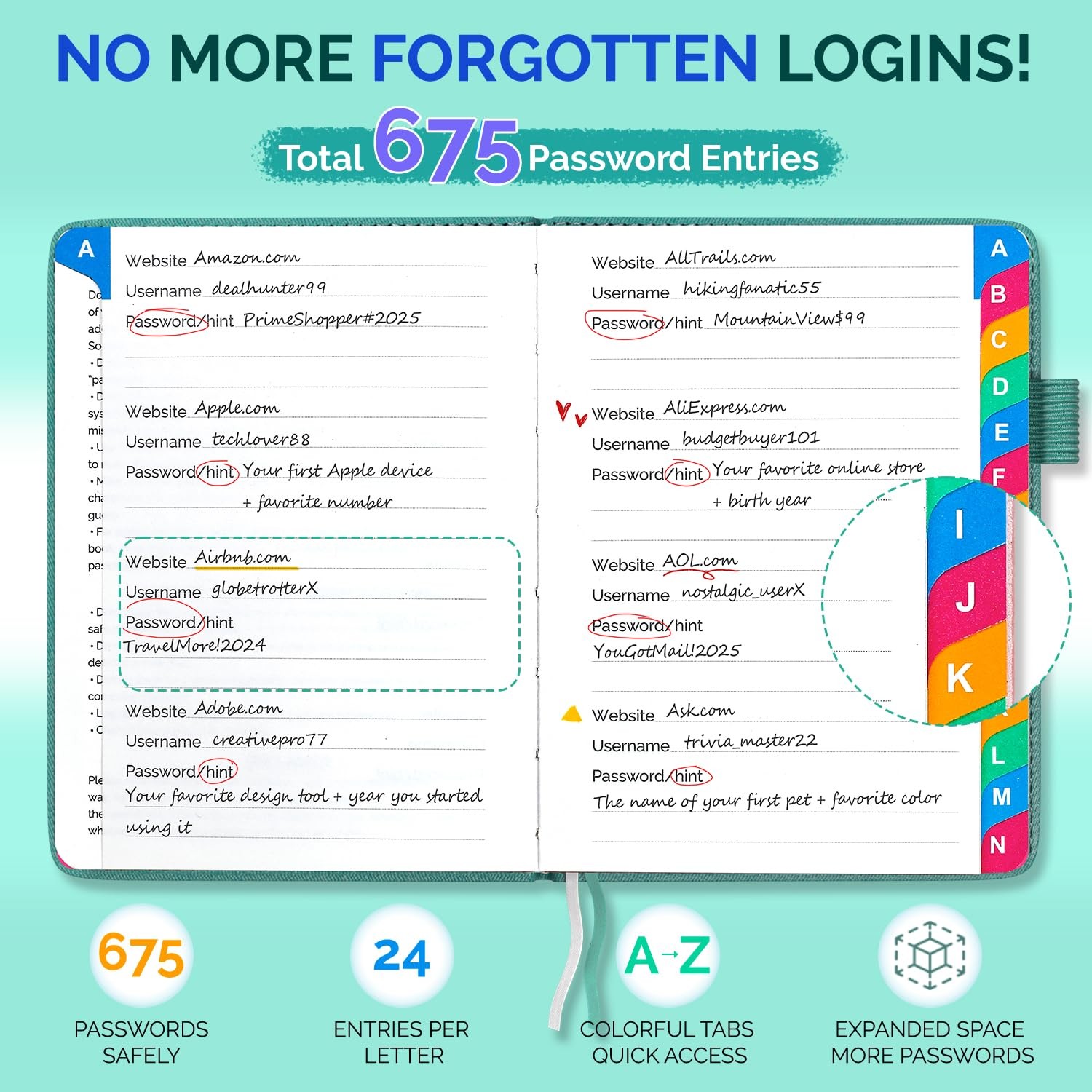 Witsbrez Password Keeper Book with Colorful 4.7”x6.2”, Turquoise