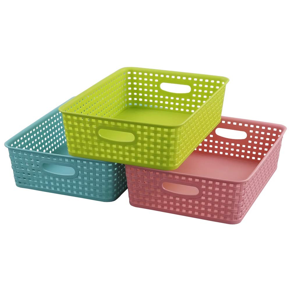 Plastic Shallow Storage Basket Trays 3 Piece Set Office Paper Organizer