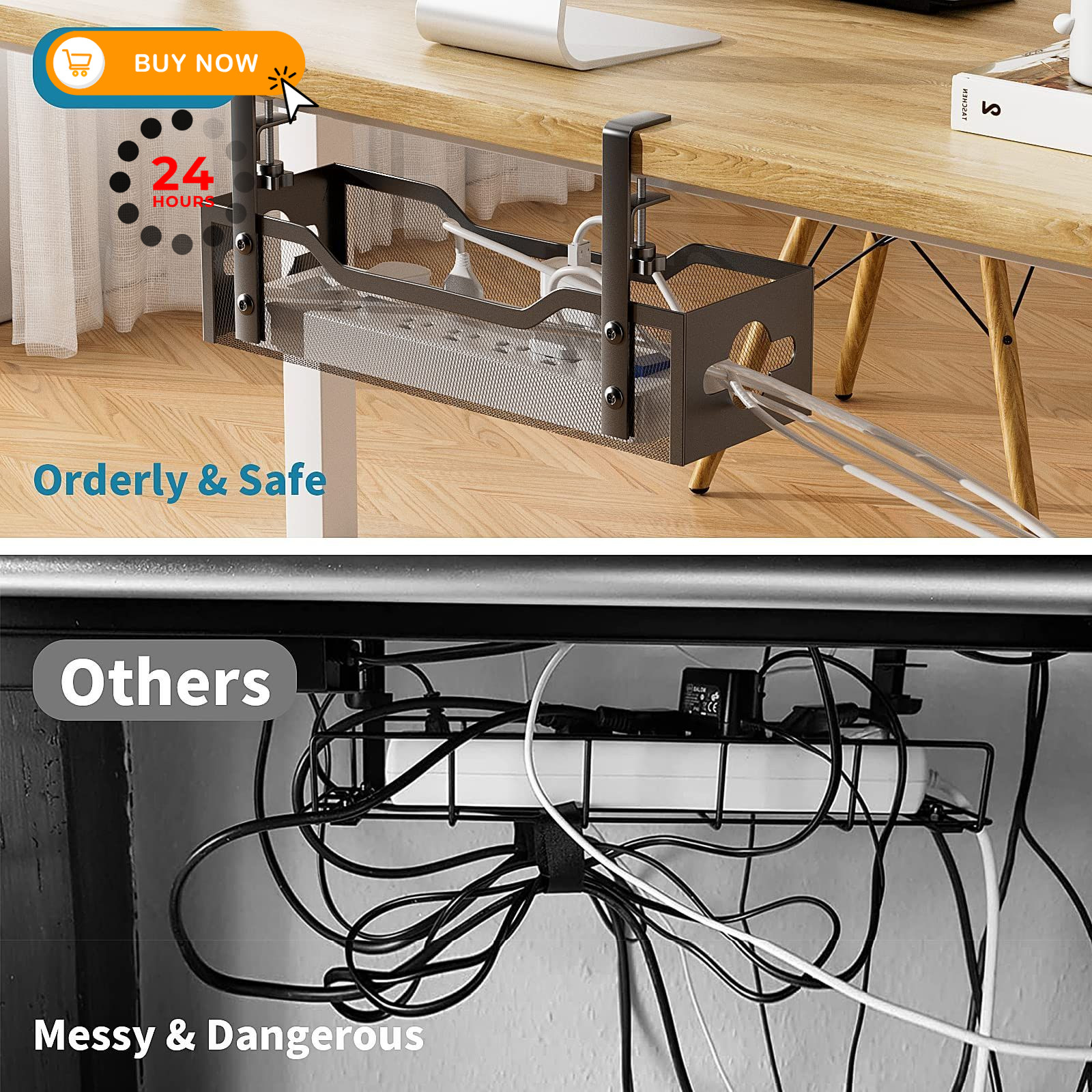 Under Desk Cable Management Tray No Drill, Metal Mesh 13.38″, Black