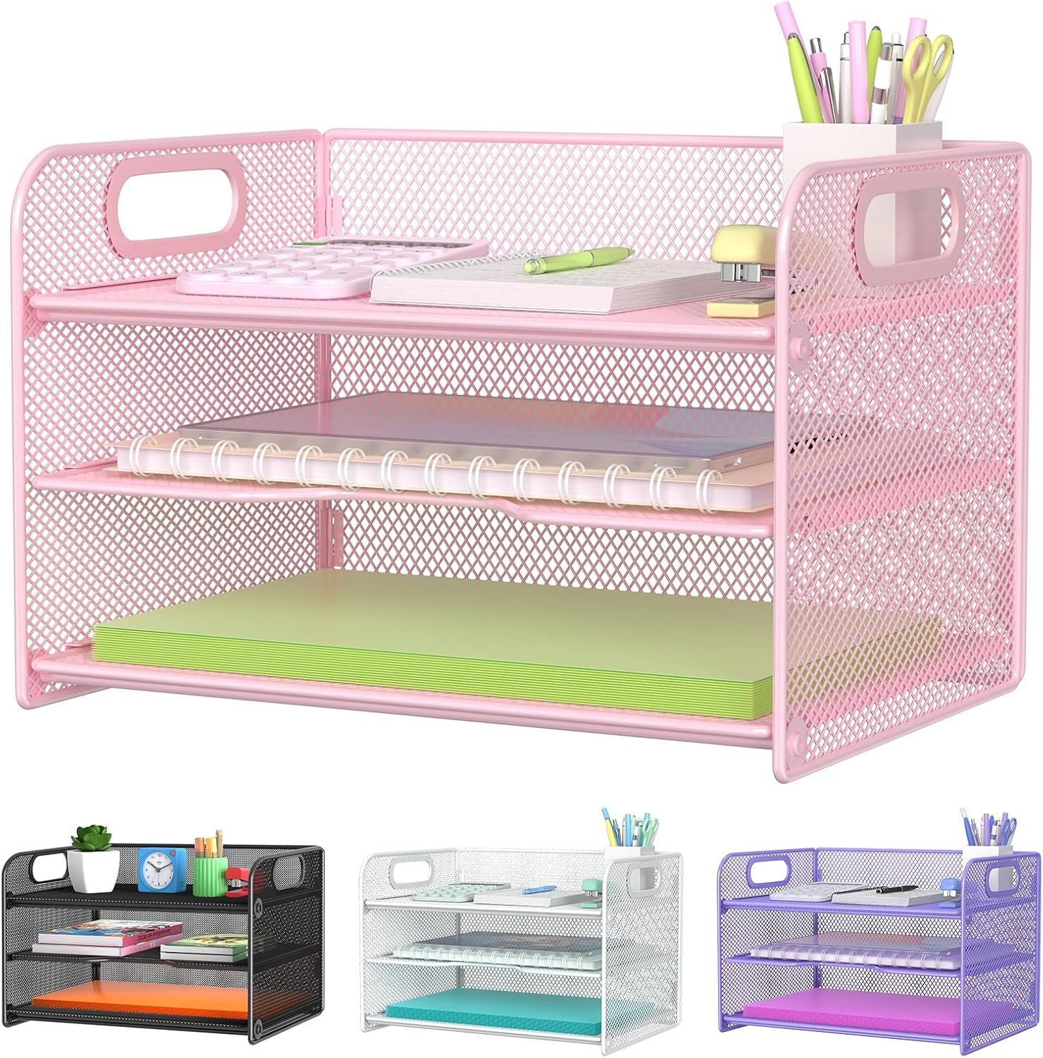 3 Tier Letter Tray Paper Organizer W/ Handle Mesh Desk Organizer Paper Sorter