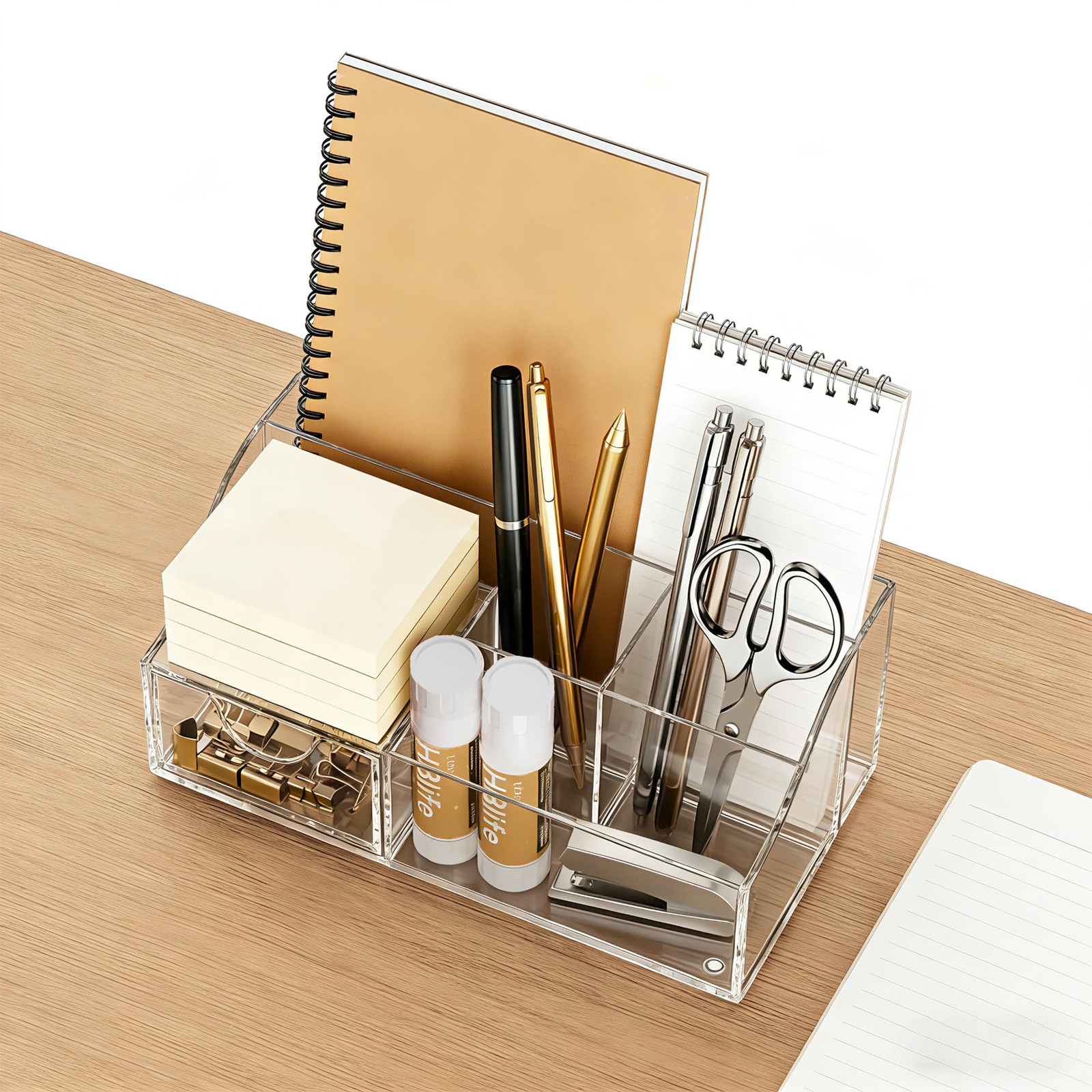 HBlife Acrylic Desk Organizer with Drawer, Pen & Pencil Holder, Clear