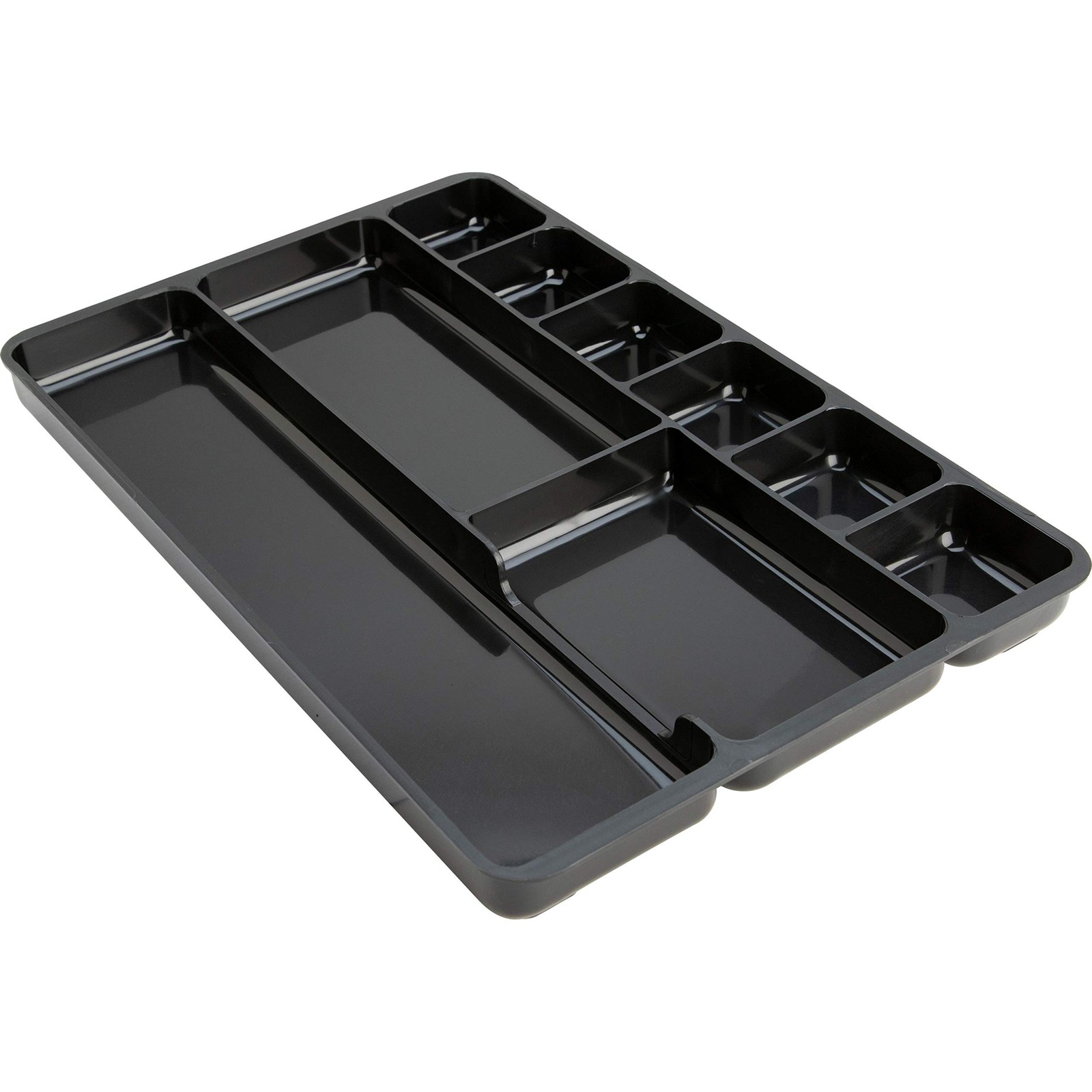Drawer Tray Organizer, 9-Compartments, 9.38″ x 14″ x 1.25″, Plastic, Black