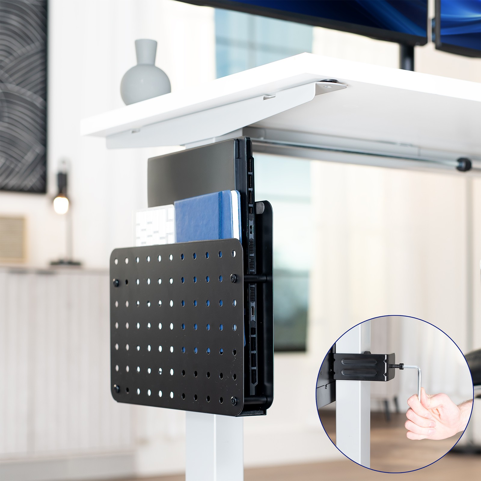 VIVO Steel Clamp-on Desk Leg Laptop Holder with Pegboard, Magnetic Tablet Sleeve