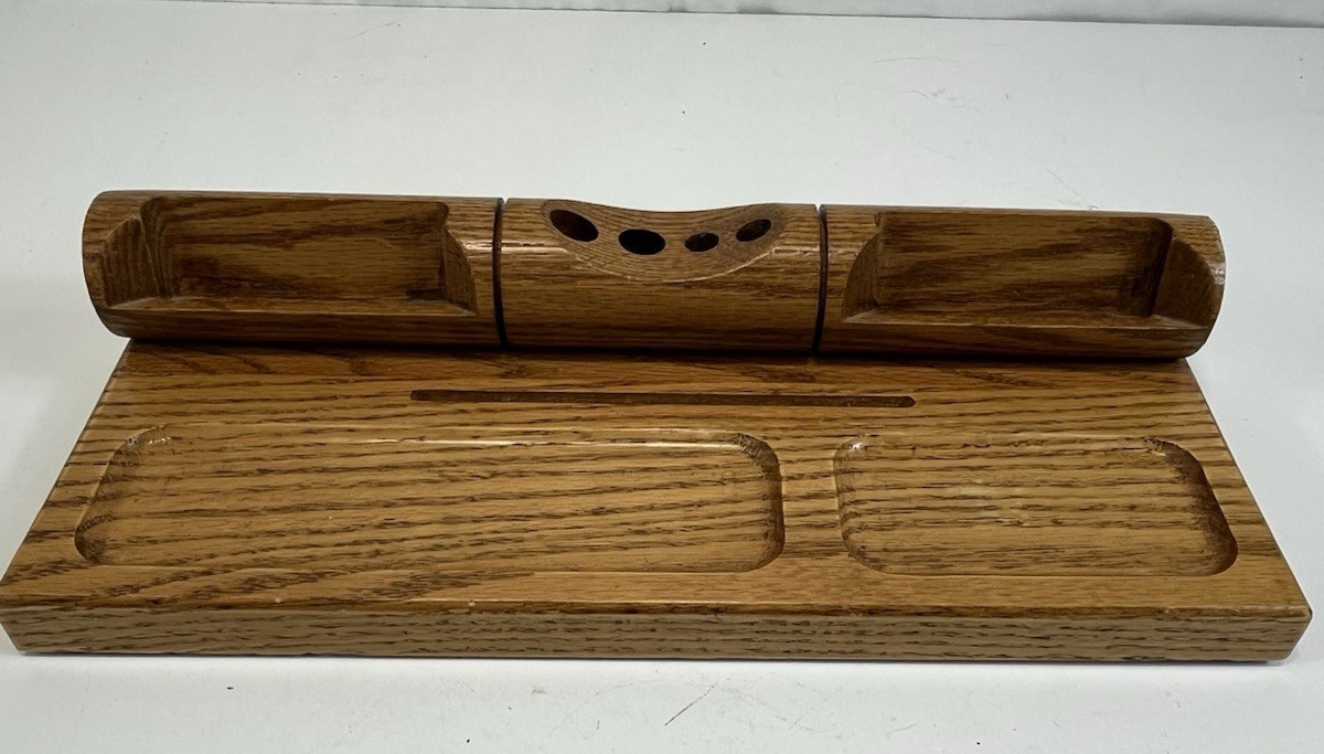 Wooden Desk Organizer 14″ x 8″ Oak Heavy MCM Business Cards Pencils Notes