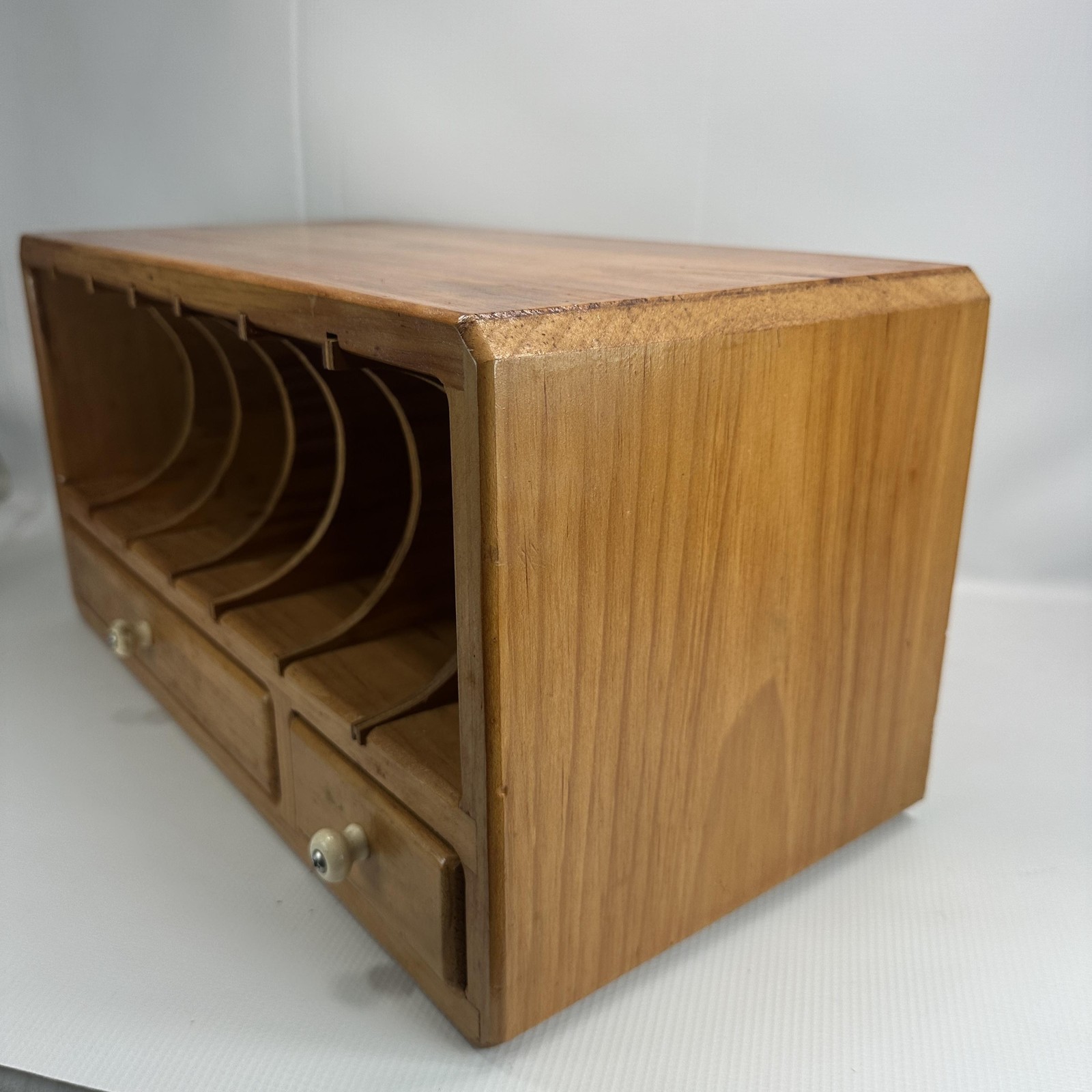 Handmade Wood Desktop Organizer Mail Sorter 6 Slot 2 Drawer Natural Wood Finish