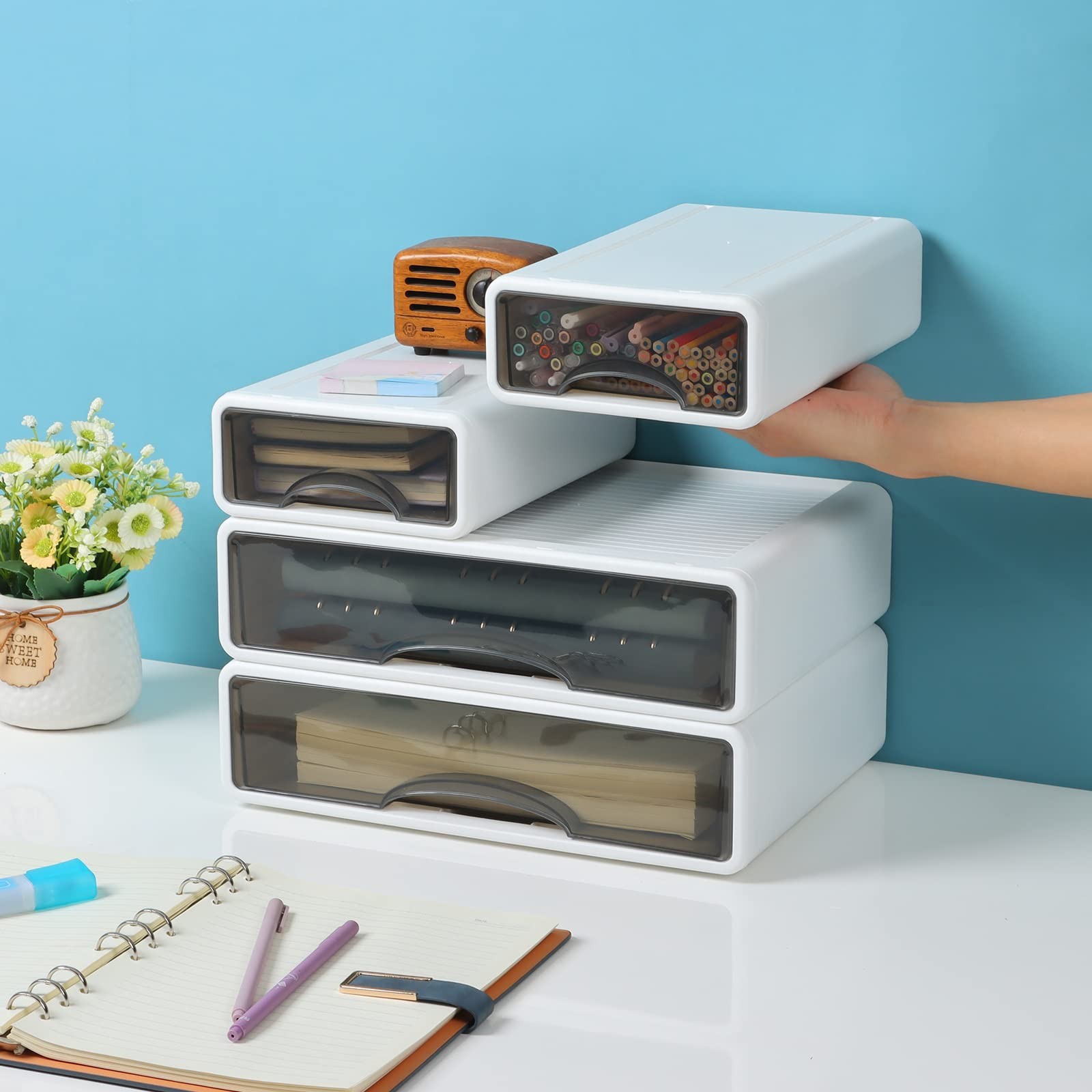 OSteed White Desktop Drawers for Paper, Stackable 3 Mixed Drawers,