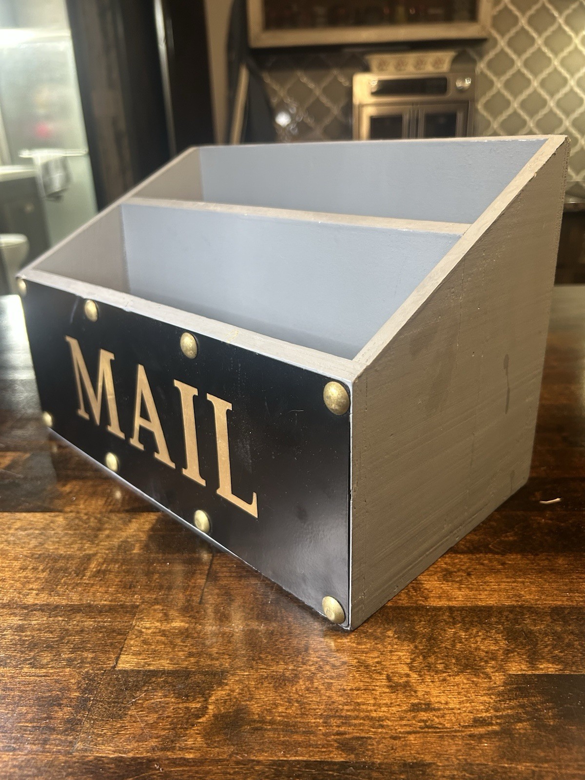 Rustic Wooden Mail Organizer Box Black w/ Gold Studs Desk Caddy