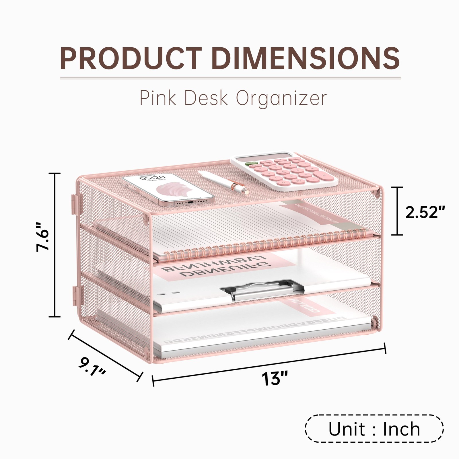 3 Tier Letter Tray Paper Organizer Mesh Metal Desk File Home Office Pink