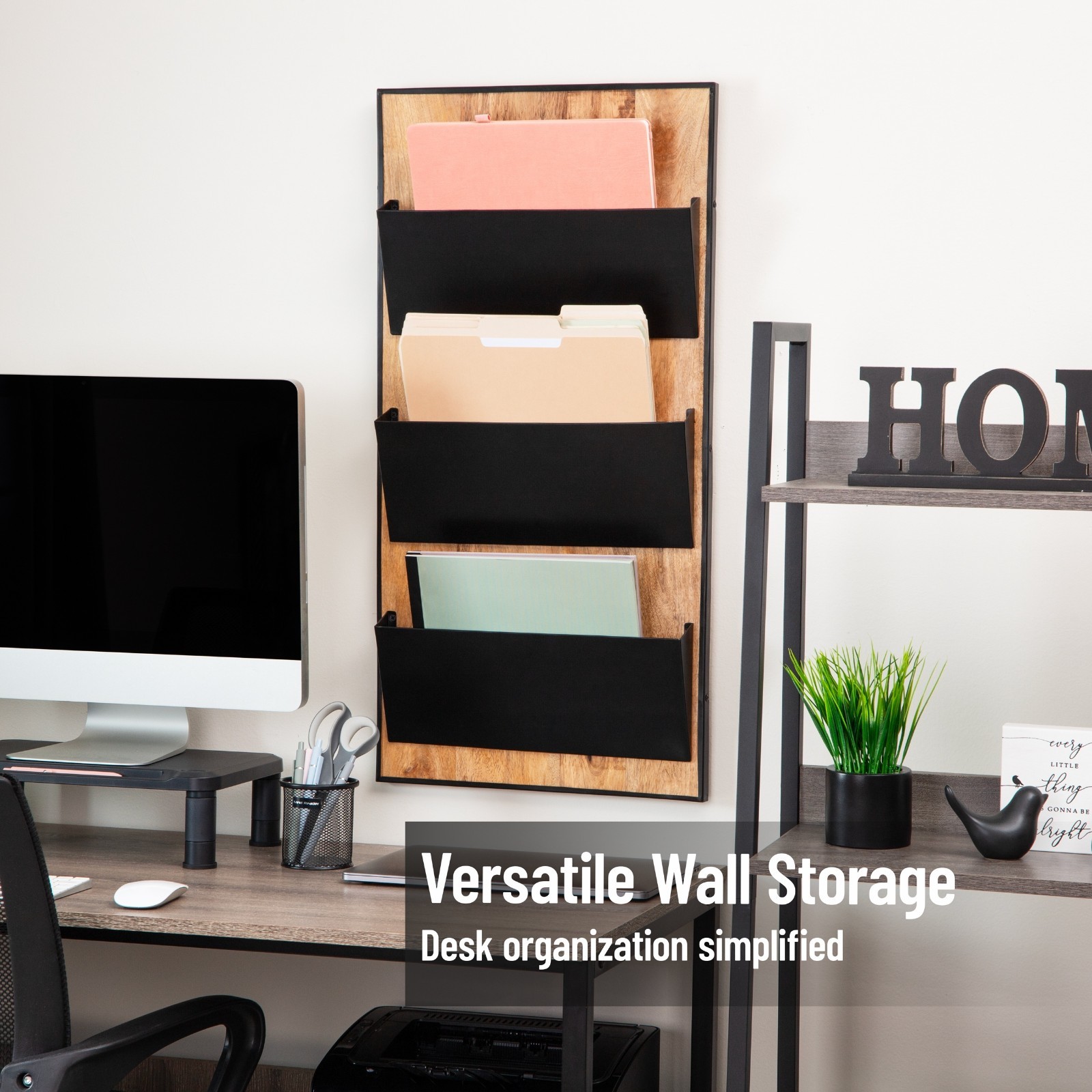3-Tier Wall-Mounted File Organizer, Wood and Metal Vertical Rack, Black