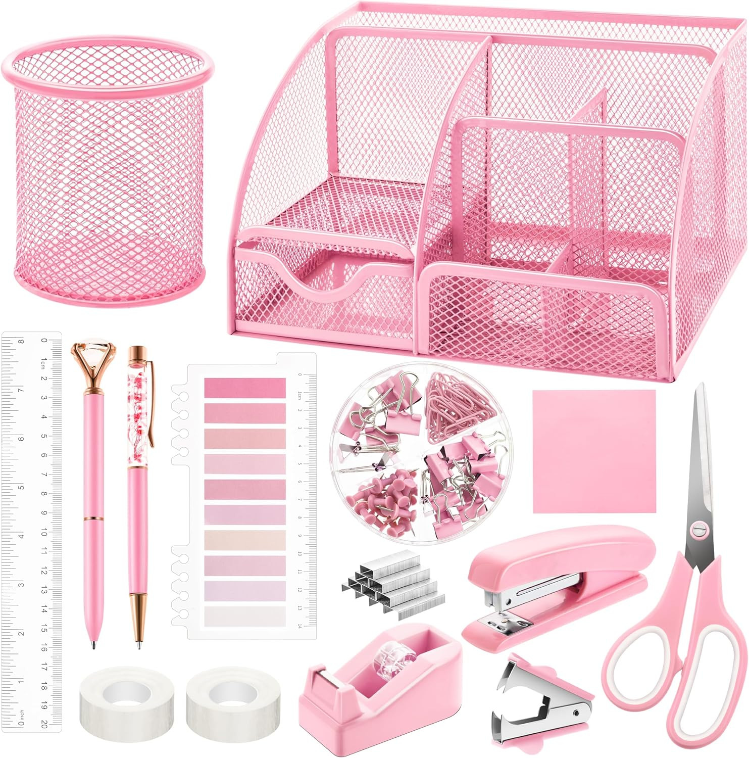 11 Pcs Pink Office Supplies Set Mesh Desk Organizer Accessories Kit include Stap