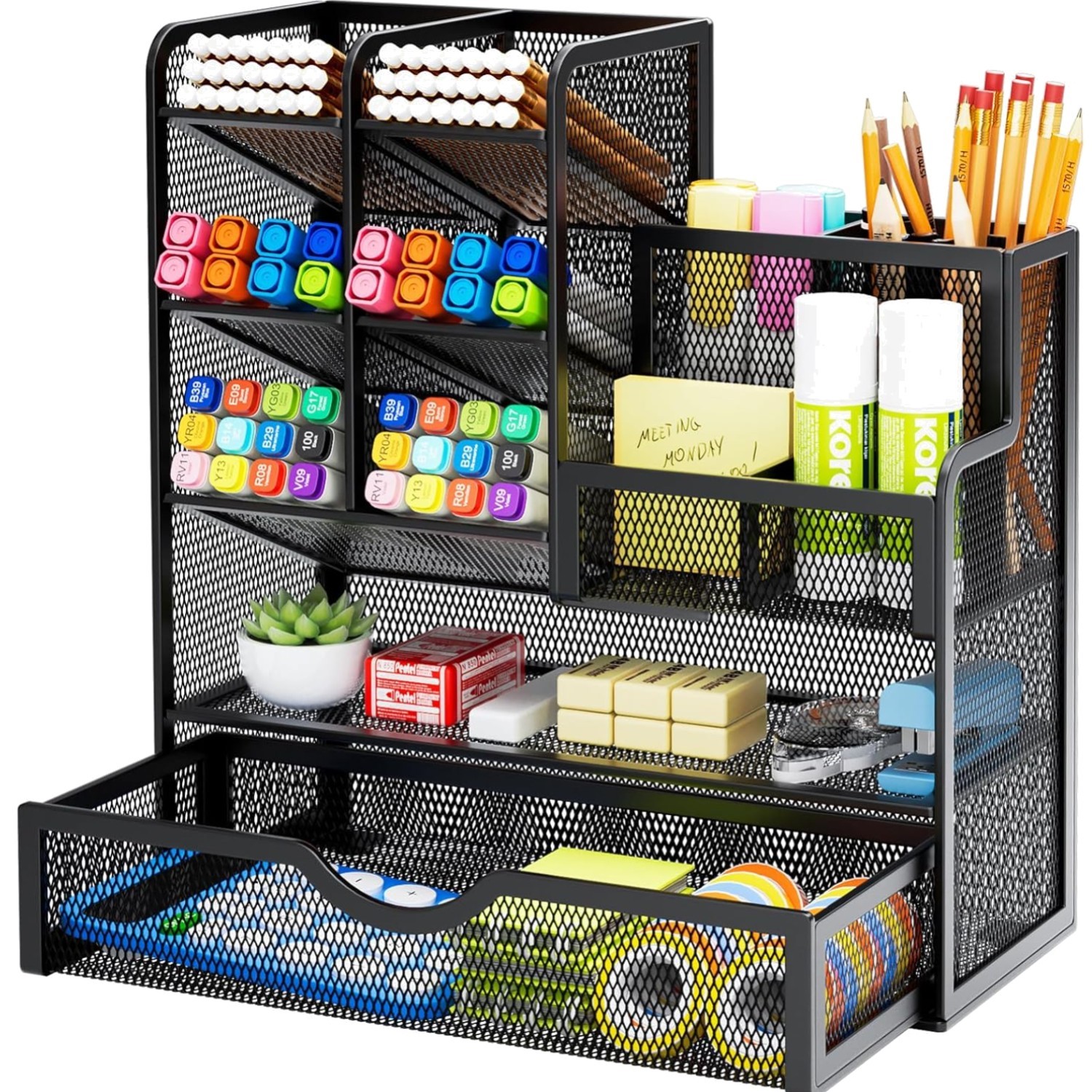 Black Rectangular Desk Organizer with Drawer – Perfect for Stationery & Crafts