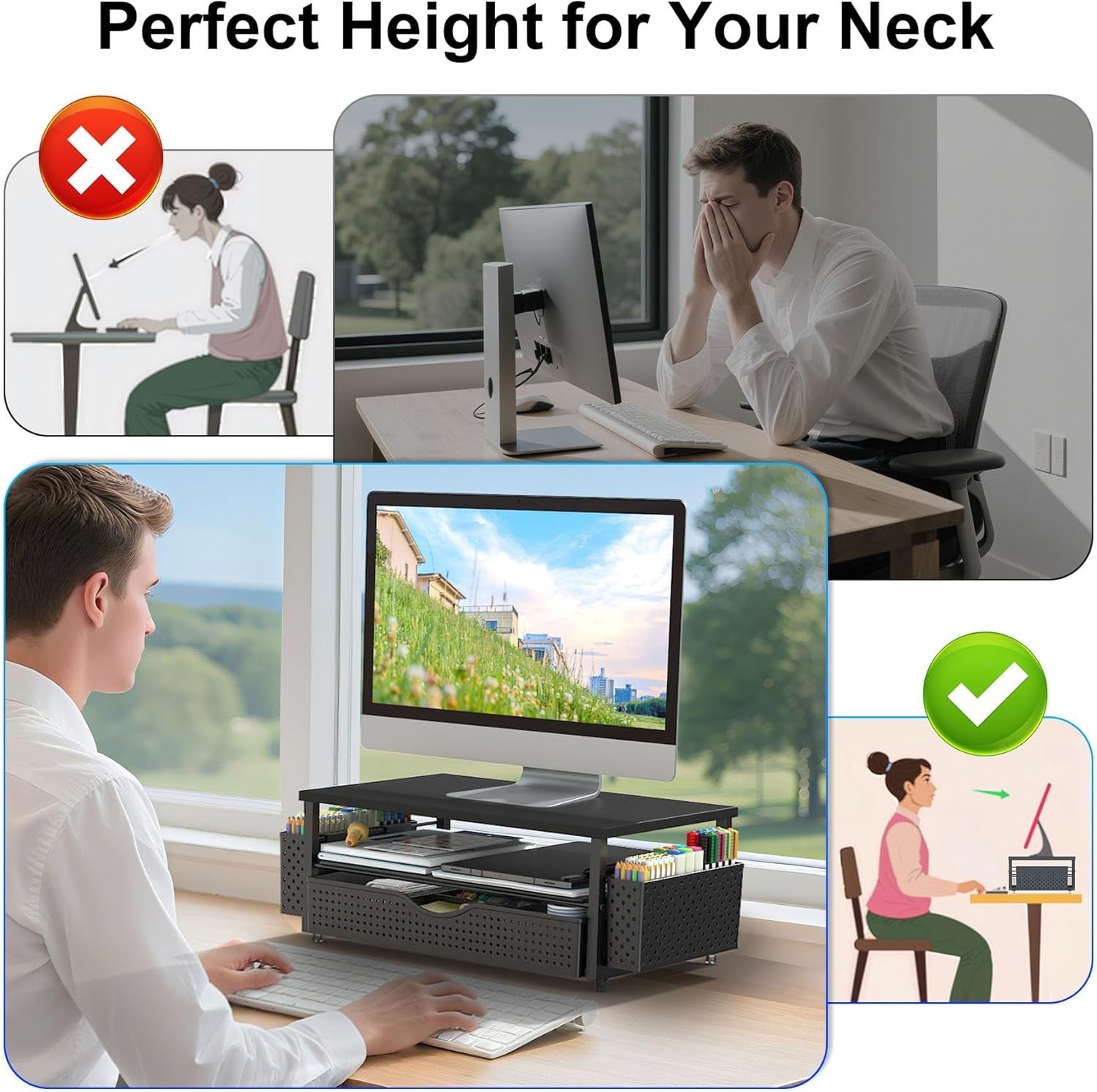 Ergonomic Black Monitor Stand with Drawer & 2 Pen Holders – Desk Organizer