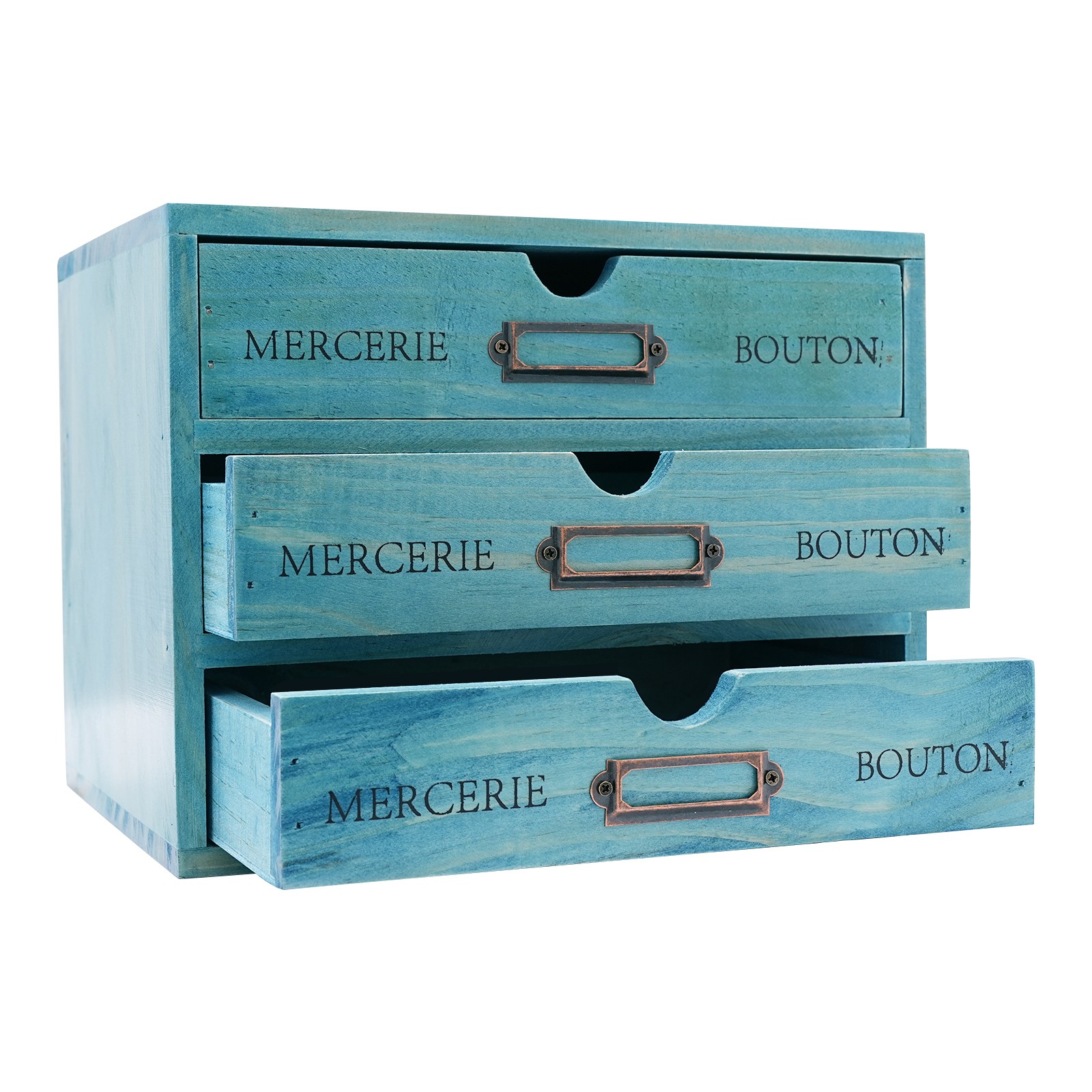 Five-Piece Set Pine Wood Desktop Drawers Vintage Wooden Desktop Organizer Blue