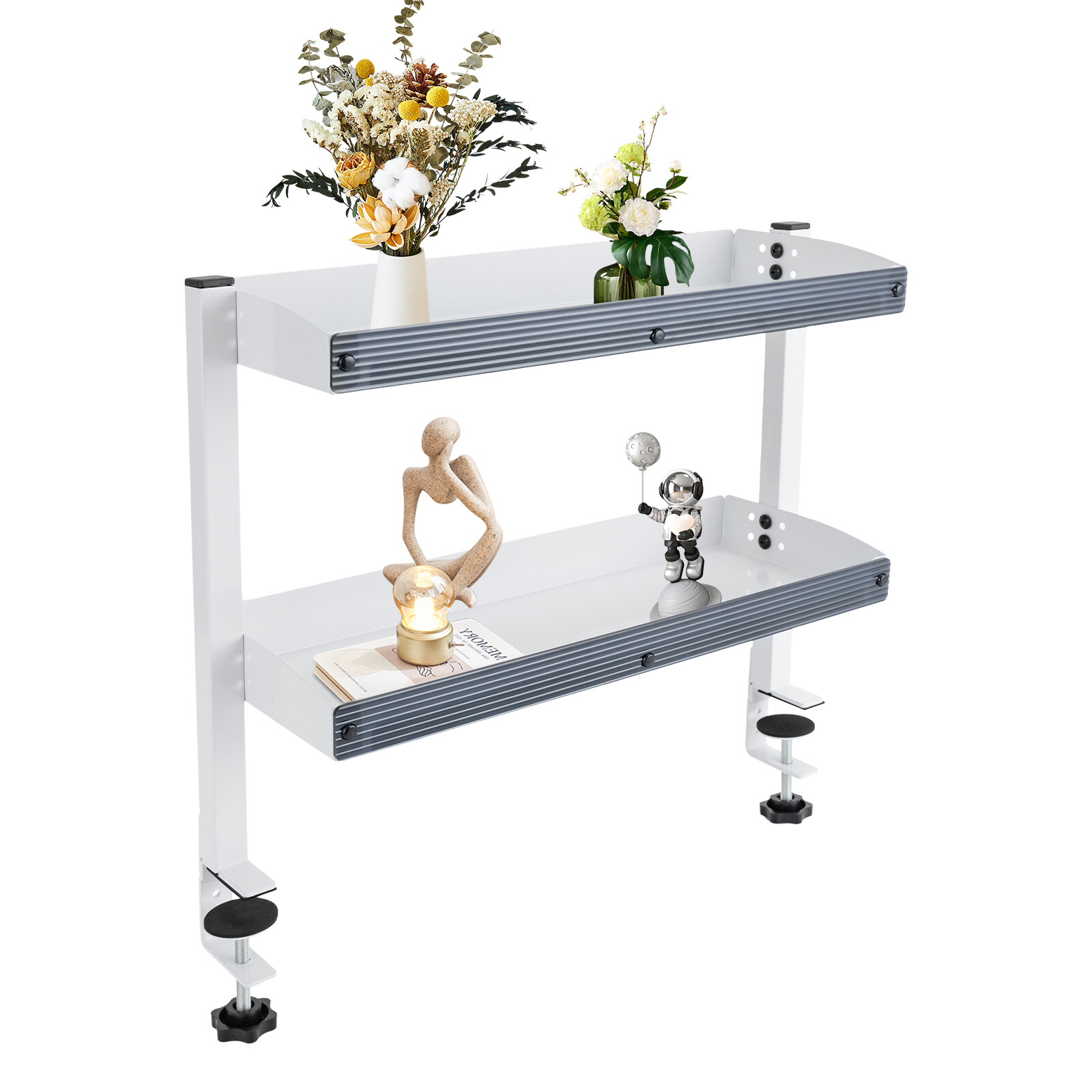 2-Tier Clamp-On Desk Shelf, Adjustable White Storage Organizer for Home