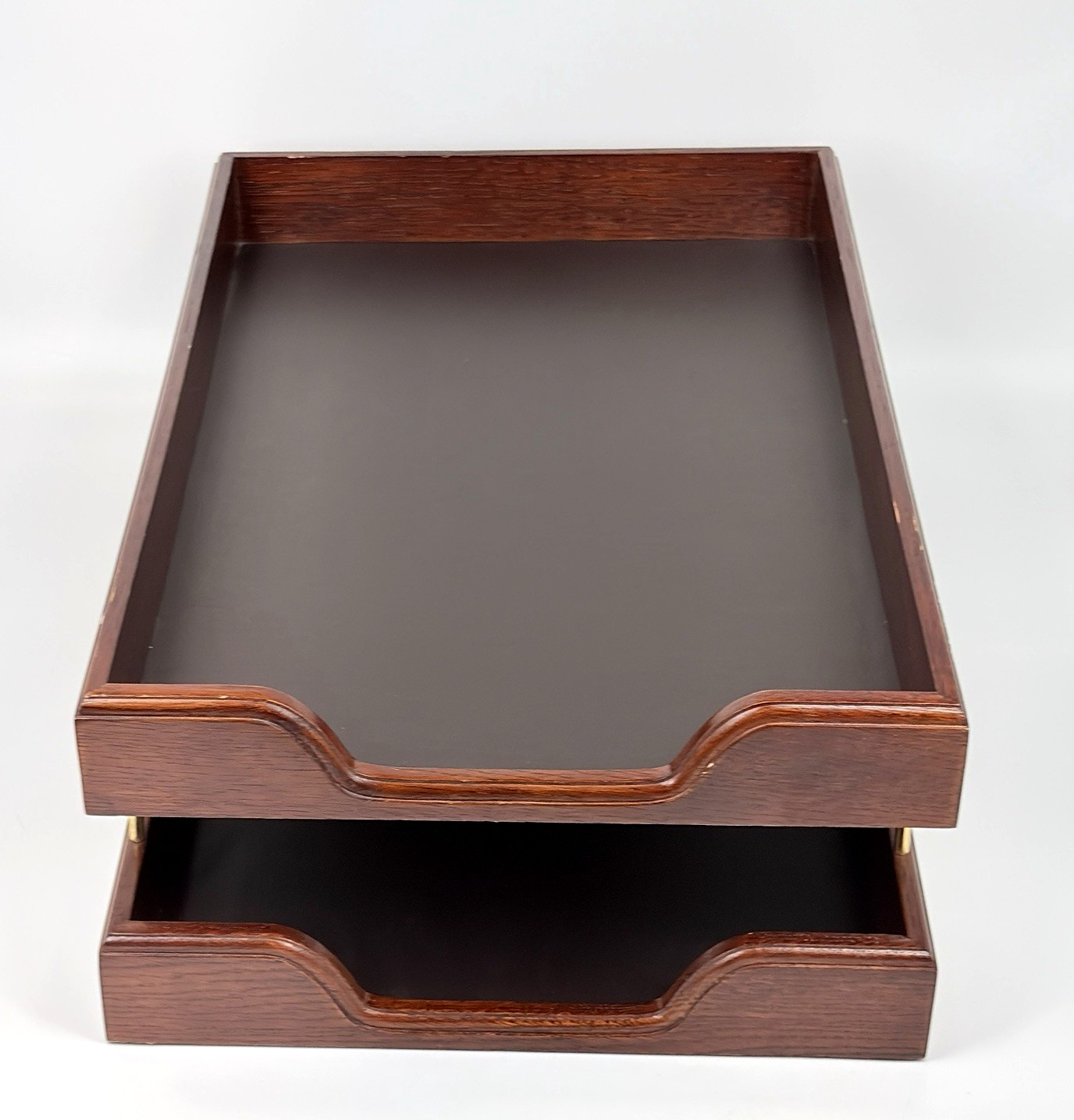Vintage Eldon Woodline 2500 Two Tier Paper Tray Wood Desk Organizer Brass Tone