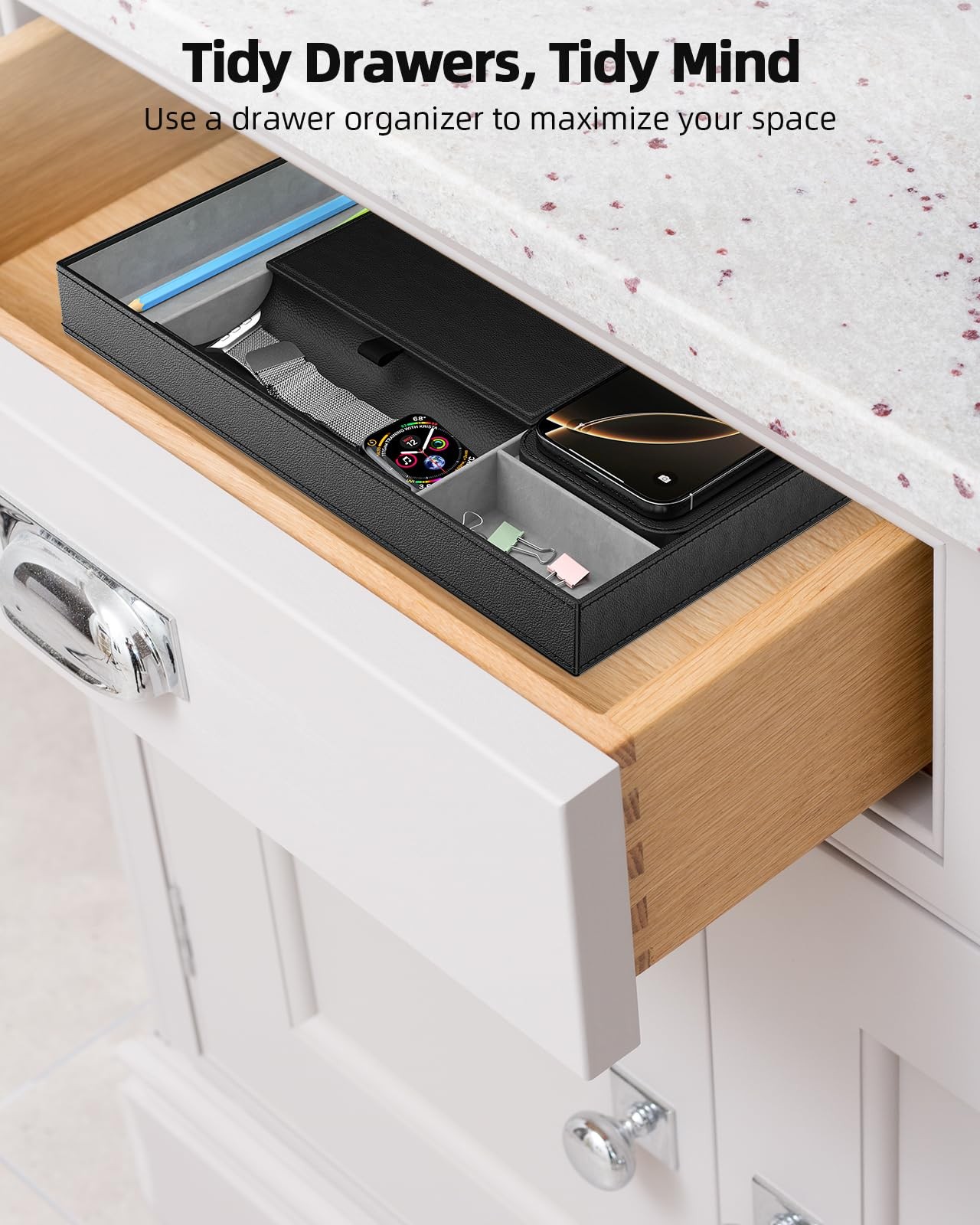 Valet Tray with Wireless Charger, Nightstand Organizer, Leather Desk Drawer O…