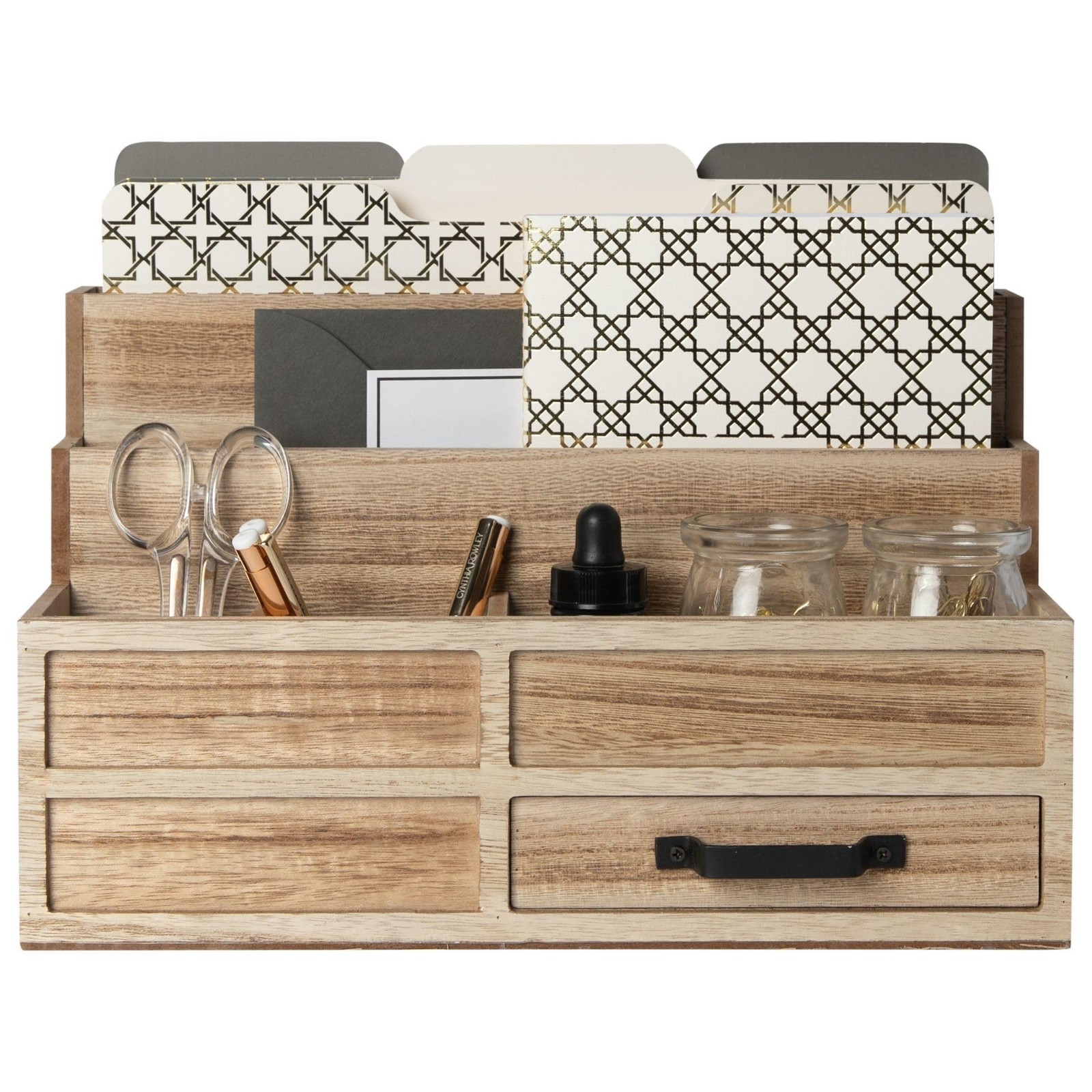 Natural Wood Organizer with Drawer & Pen Holder – Desk Organizer for Bills, S…