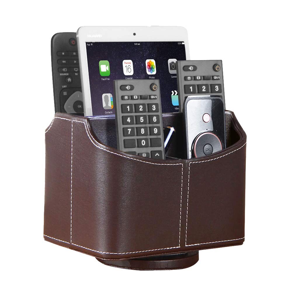 Leather Remote Control Holder 360 Degree Spinning Desk TV Caddy Organizer