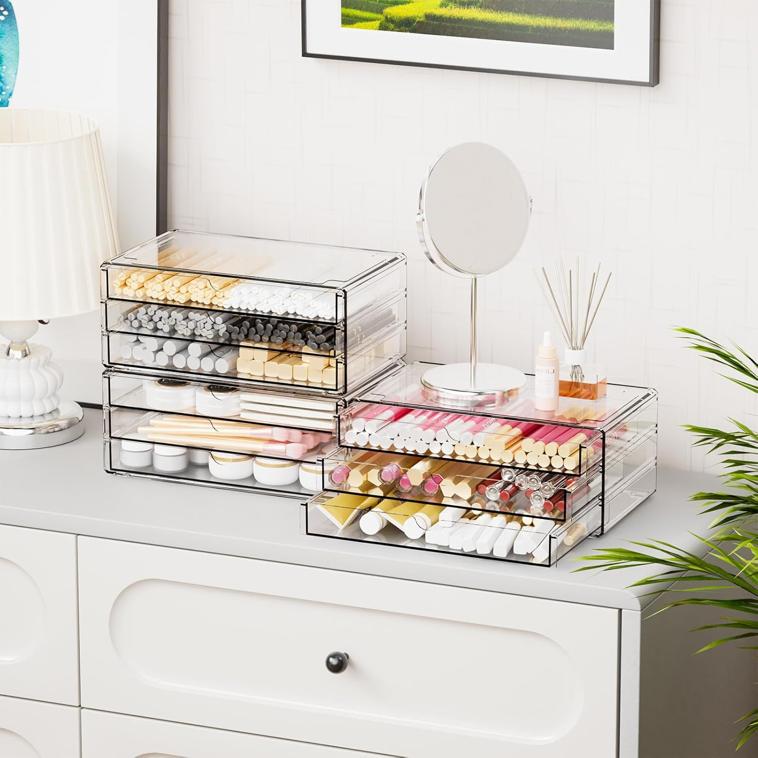 11.1 Inch Long Clear Drawer Organizers Stackable,3 Pack Small Acrylic Drawers,Sc